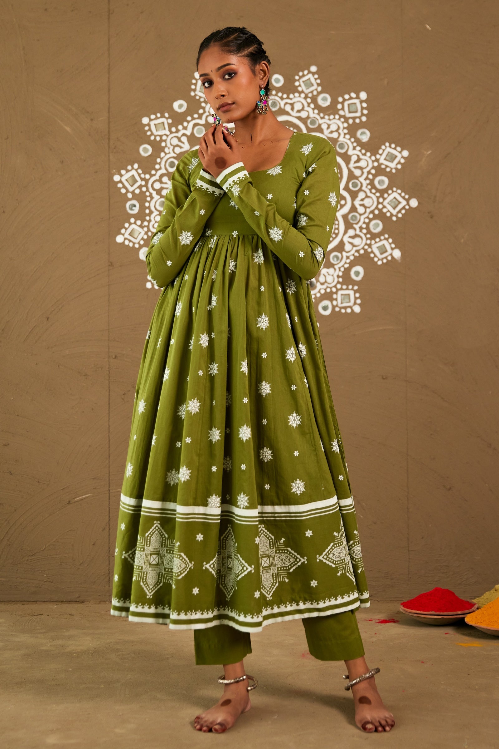 Mehendi Green Mul Cotton Round Neck Anarkali Set