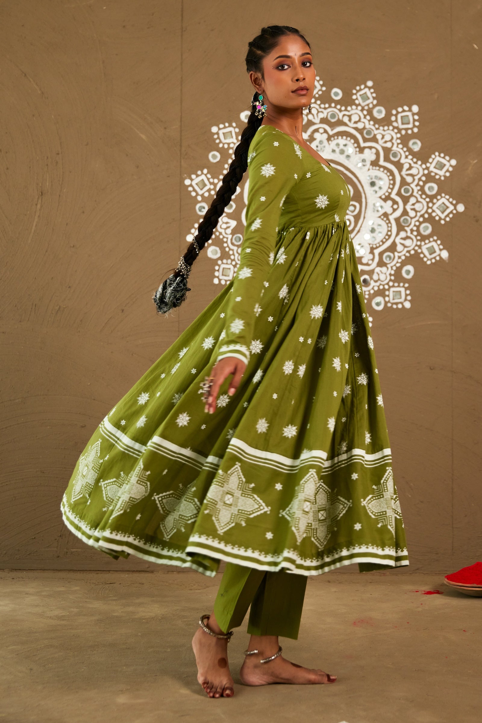 Mehendi Green Mul Cotton Round Neck Anarkali Set