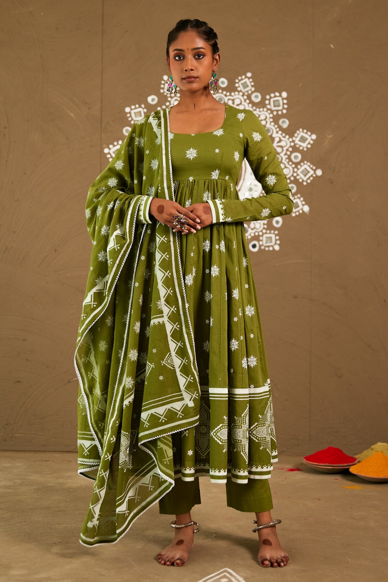 Mehendi Green Mul Cotton Round Neck Anarkali Set