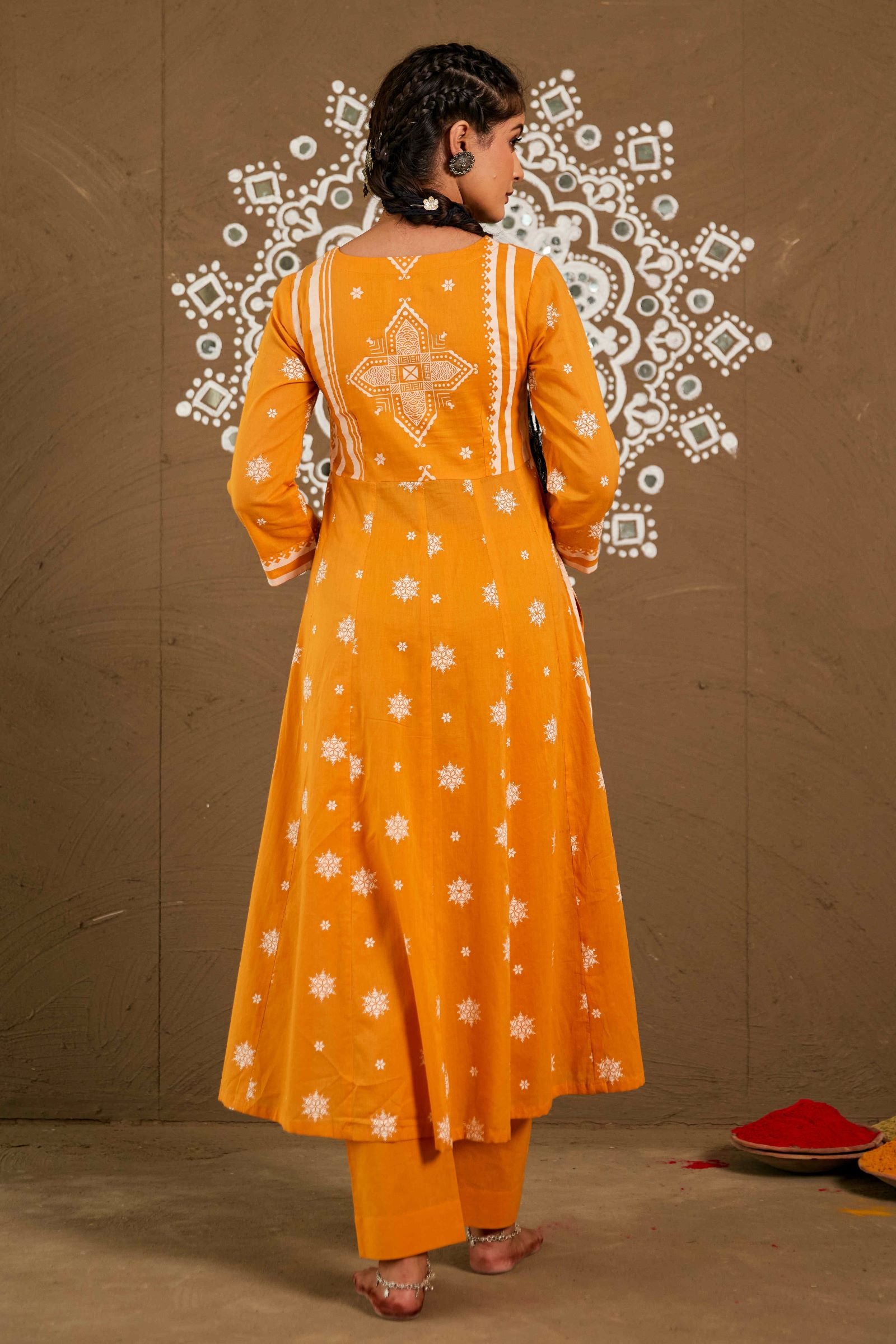 Basanti Orange Mul Cotton Side Slit Anarkali Set