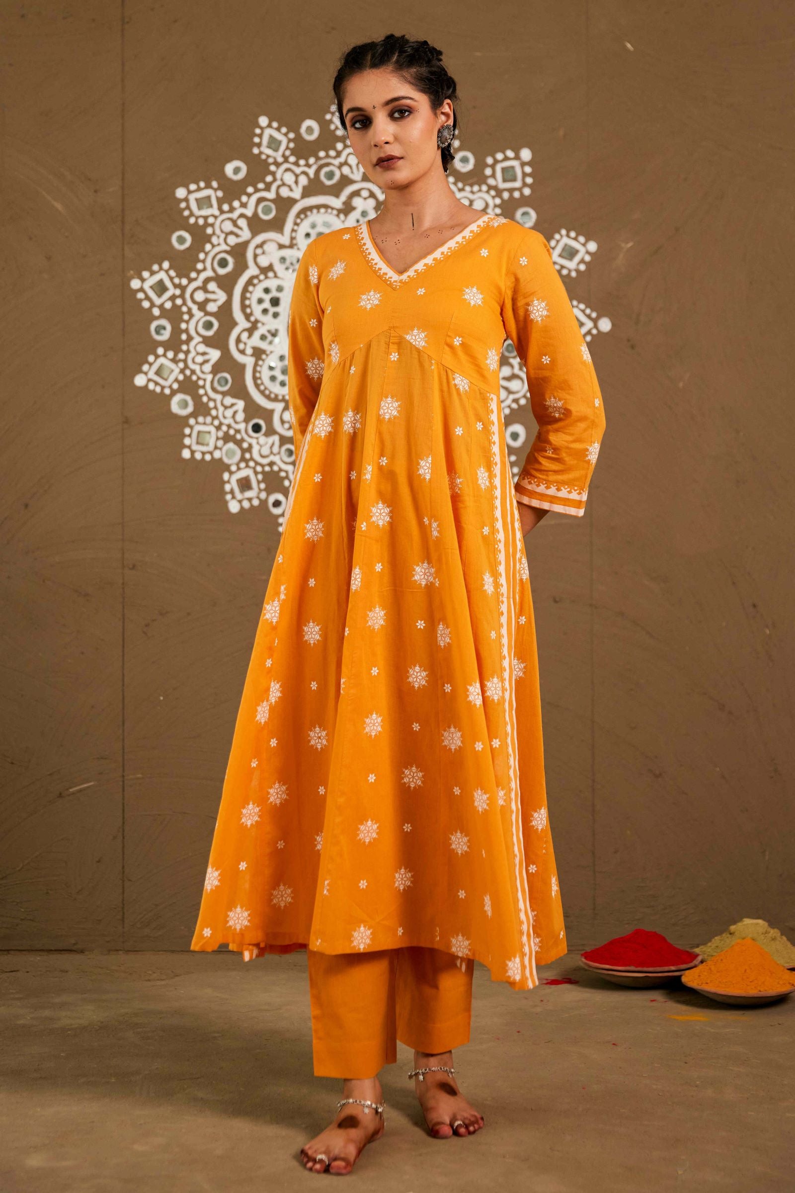 Basanti Orange Mul Cotton Side Slit Anarkali Set