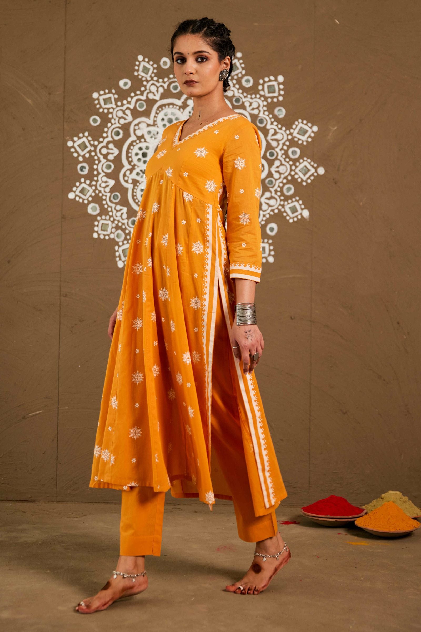 Basanti Orange Mul Cotton Side Slit Anarkali Set