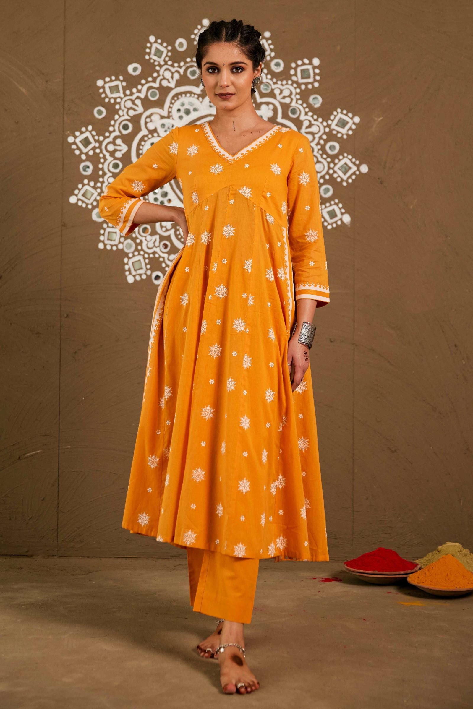 Basanti Orange Mul Cotton Side Slit Anarkali Set