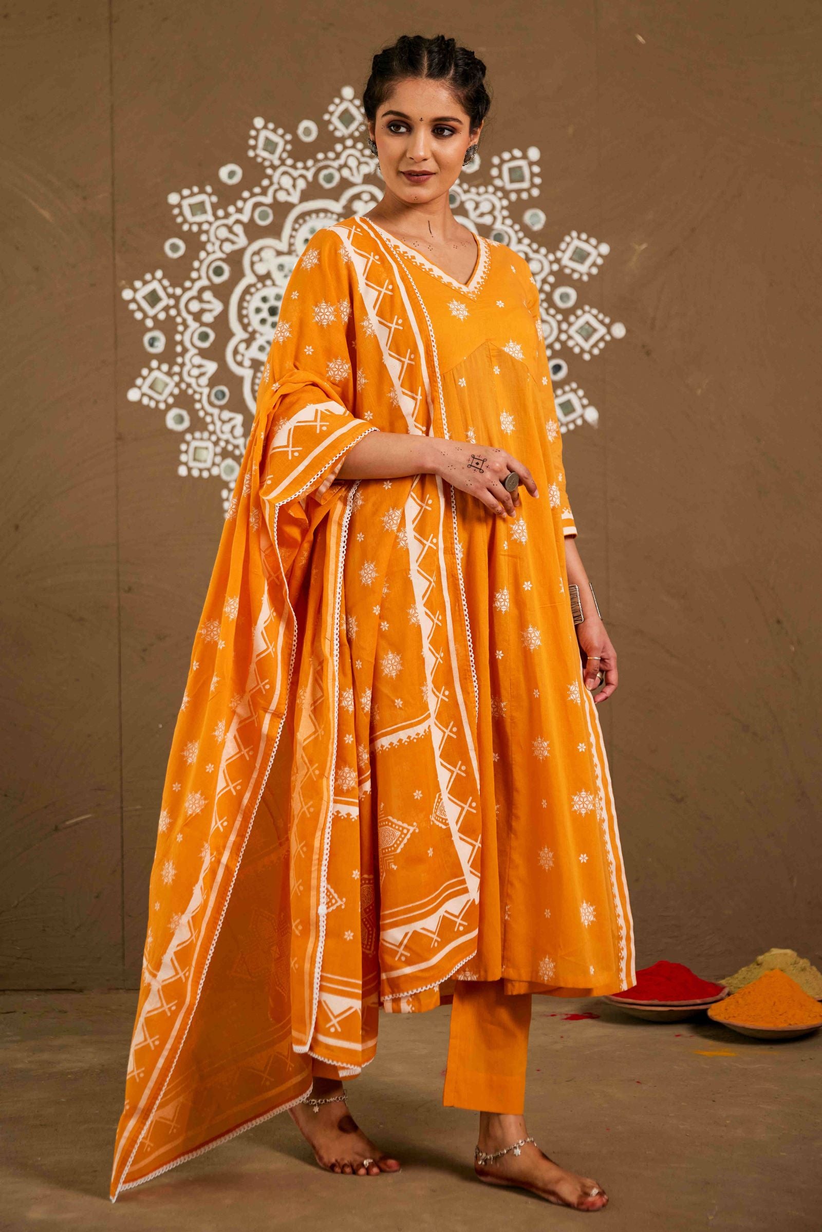 Basanti Orange Mul Cotton Side Slit Anarkali Set