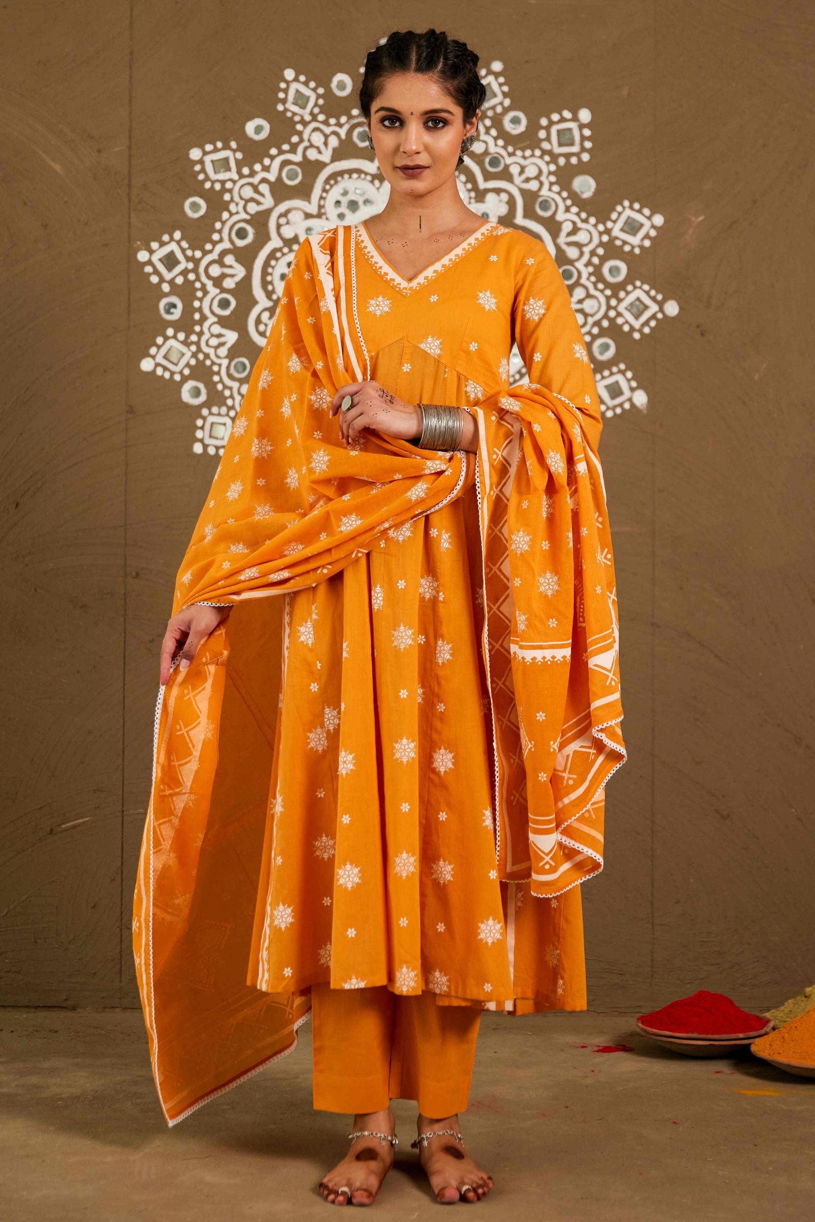 Basanti Orange Mul Cotton Side Slit Anarkali Set