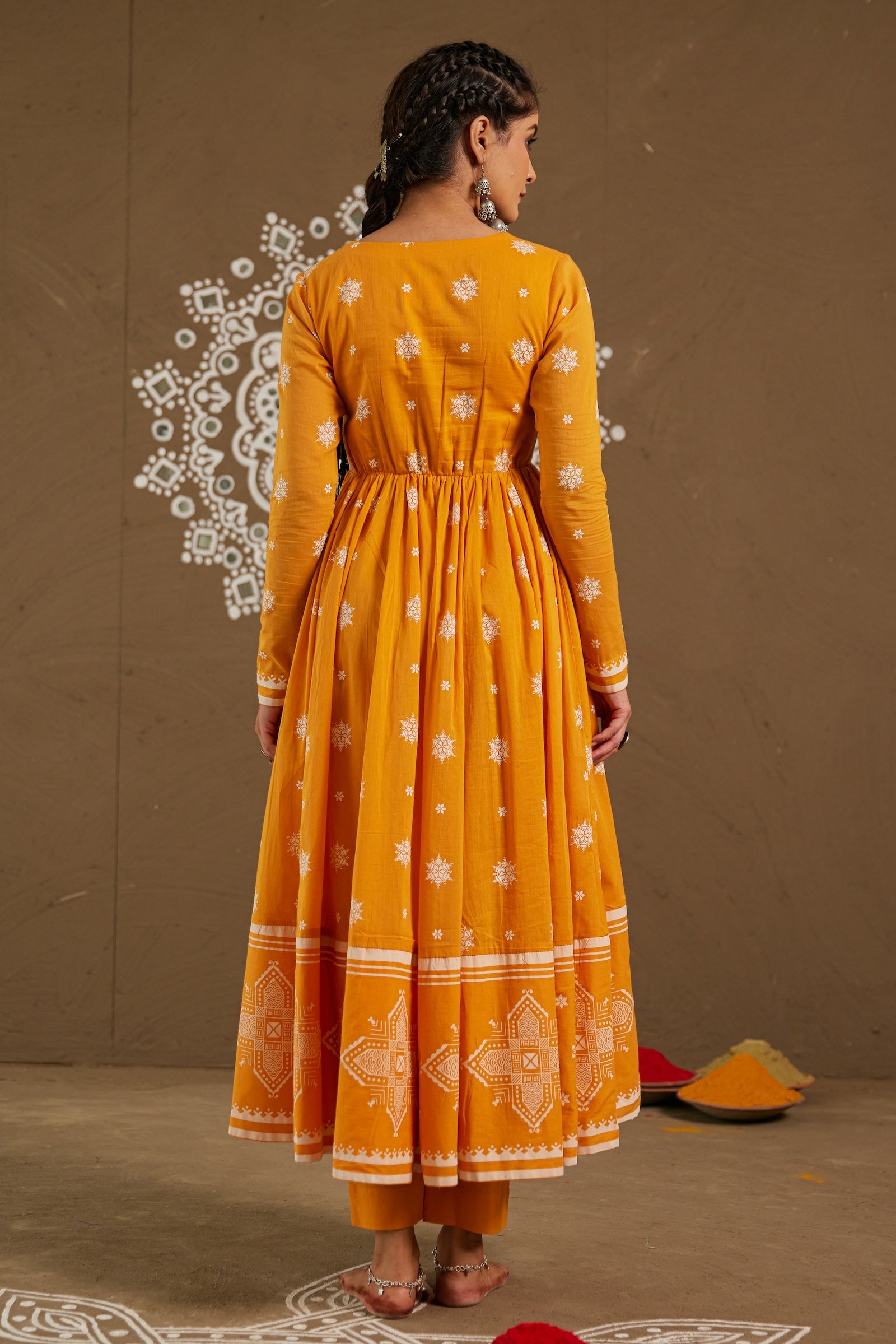 Haldi Orange Mul Cotton V neck Anarkali Set