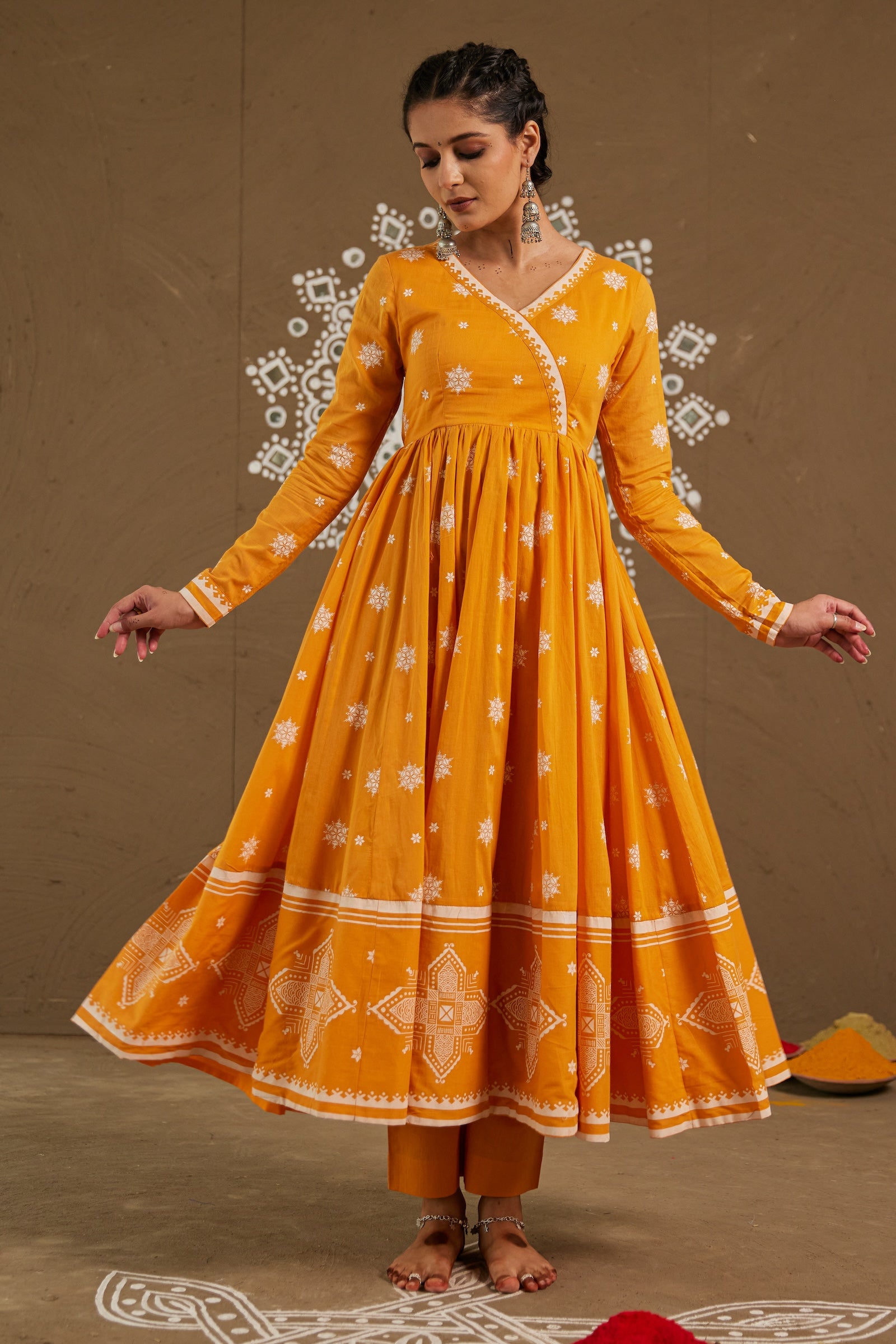 Haldi Orange Mul Cotton V neck Anarkali Set