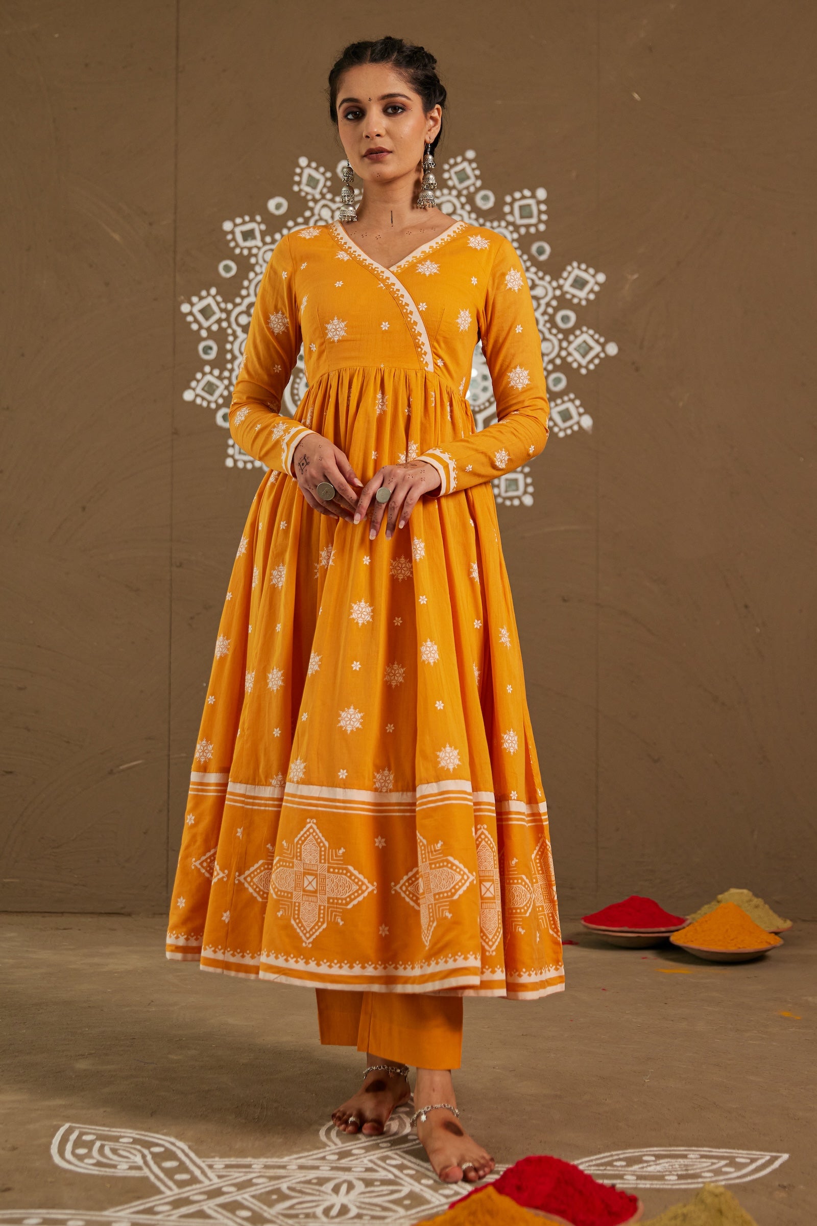 Haldi Orange Mul Cotton V neck Anarkali Set