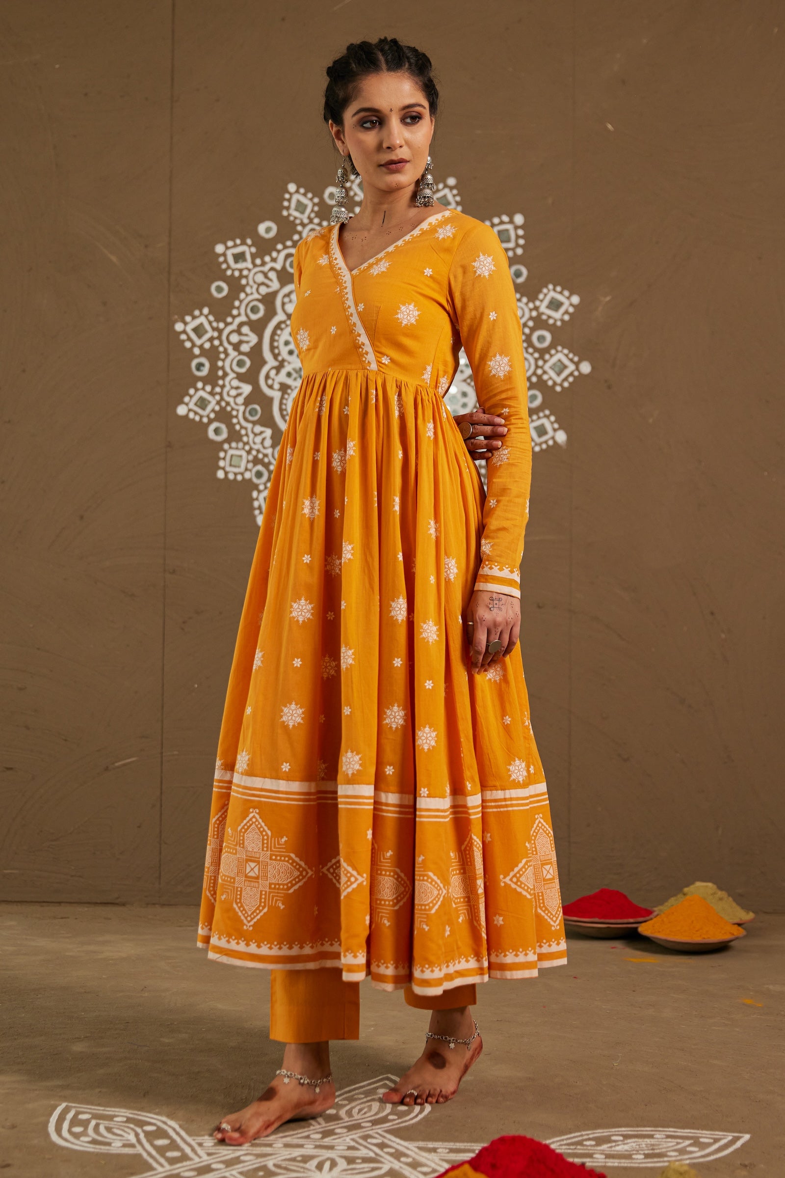 Haldi Orange Mul Cotton V neck Anarkali Set