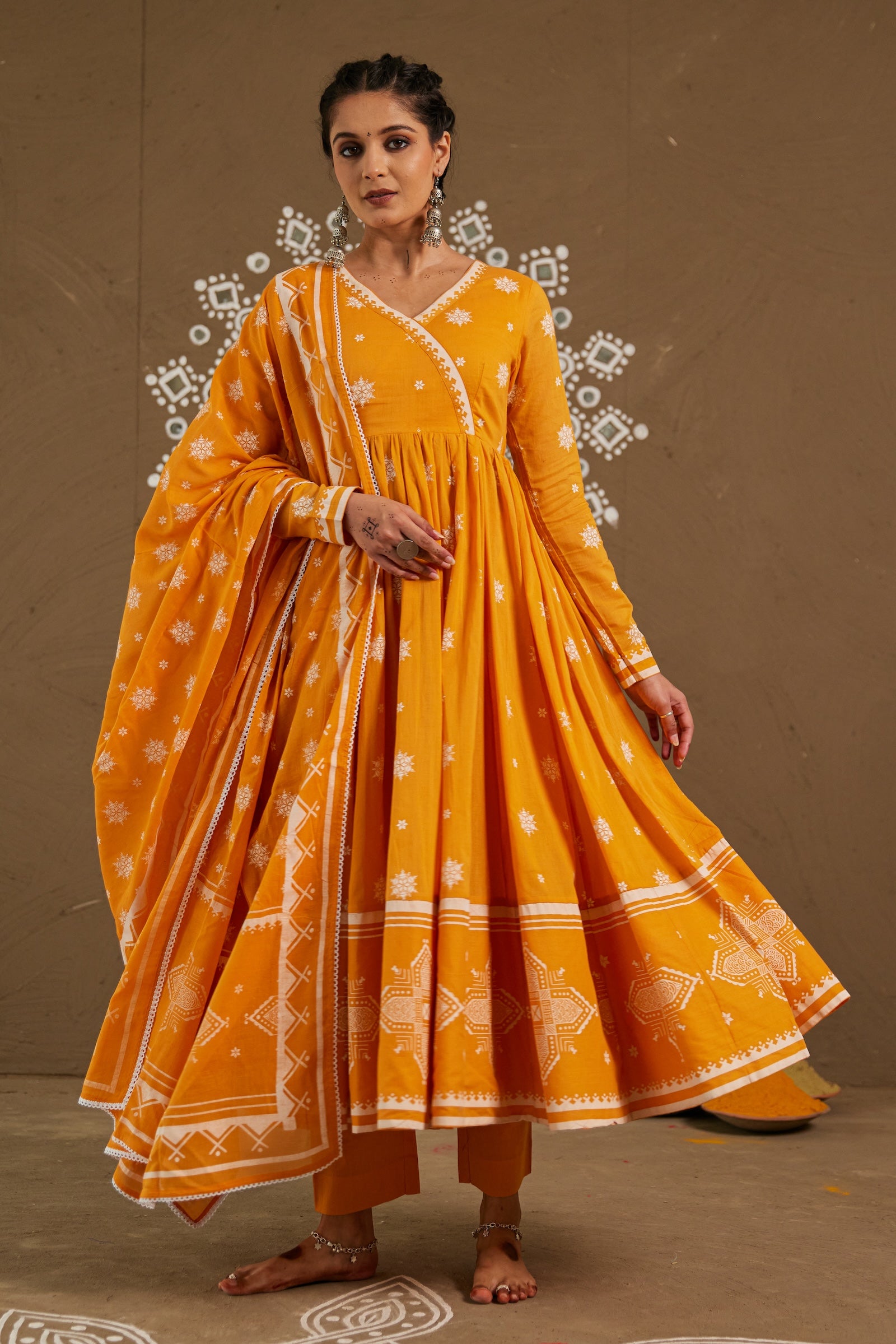 Haldi Orange Mul Cotton V neck Anarkali Set