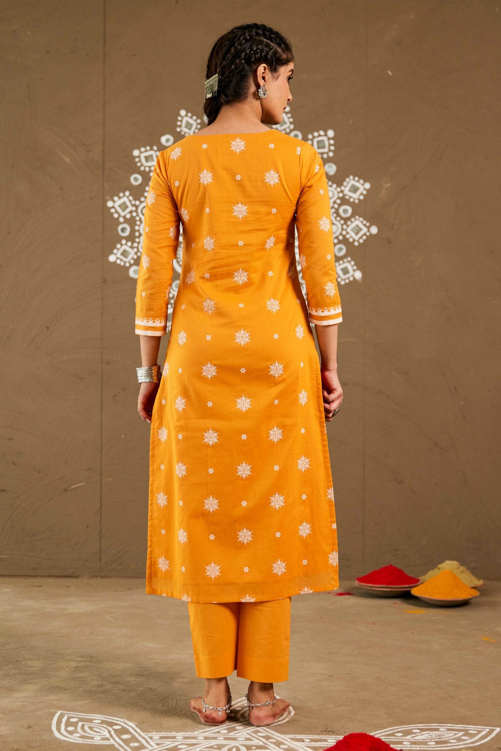 Sindoor Orange Mul Cotton V Neck Straight Kurta Set