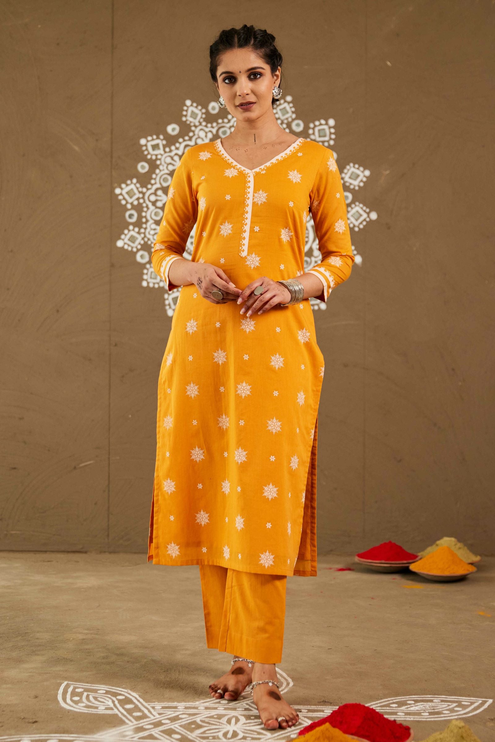 Sindoor Orange Mul Cotton V Neck Straight Kurta Set