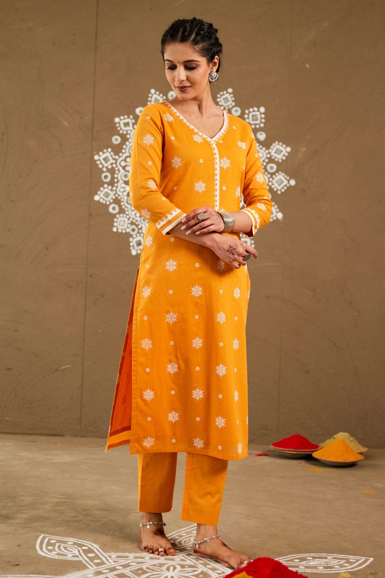 Sindoor Orange Mul Cotton V Neck Straight Kurta Set