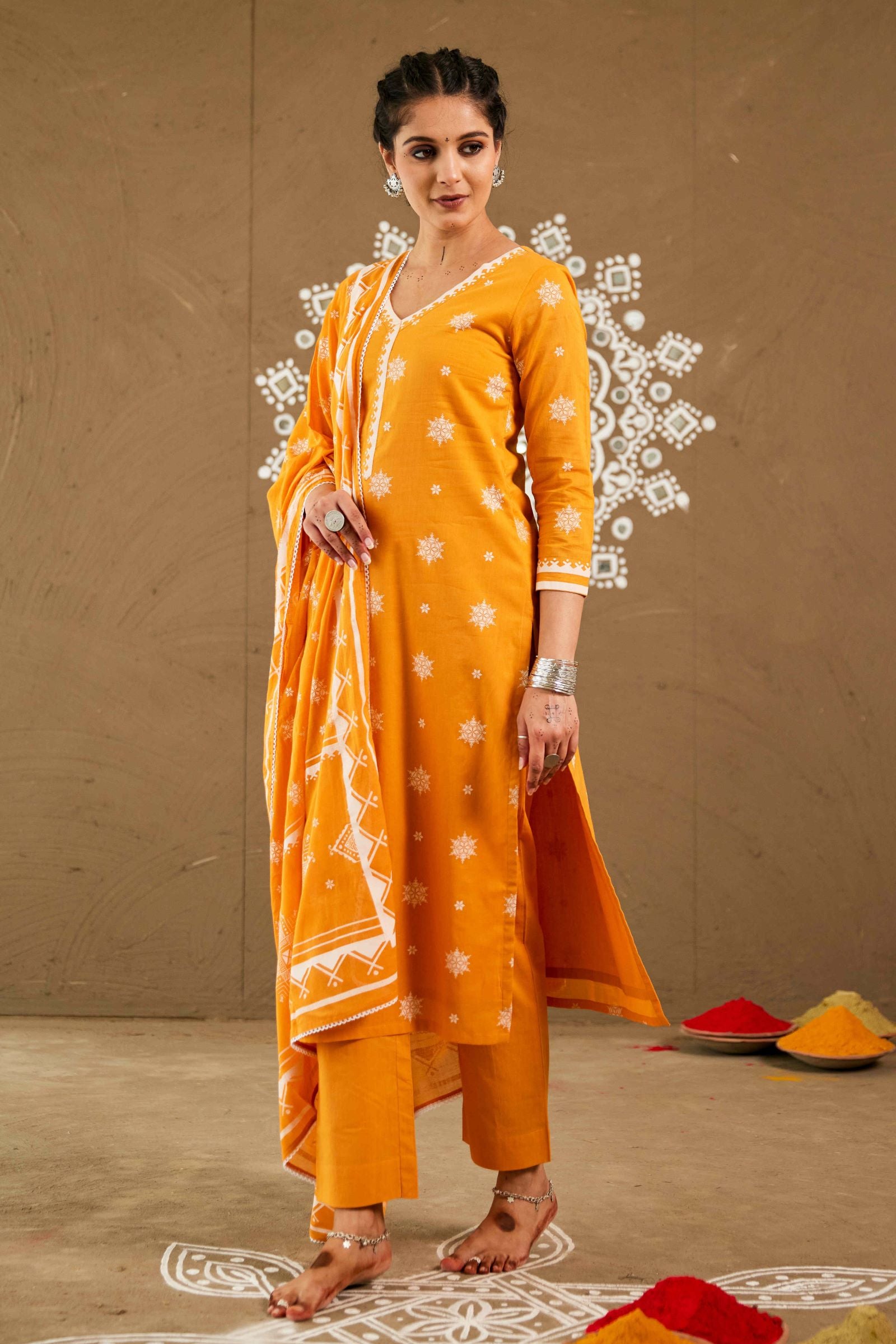 Sindoor Orange Mul Cotton V Neck Straight Kurta Set