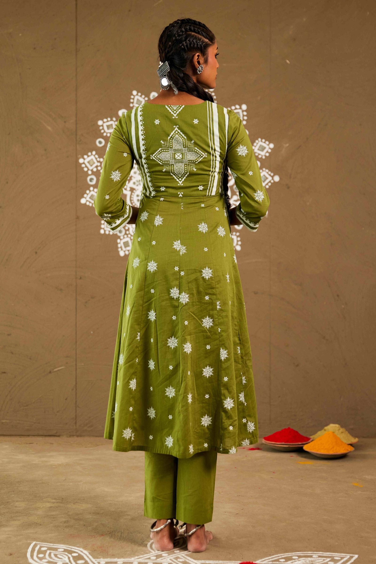 Tulsi Green Mul Cotton Side Slit Anarkali Set