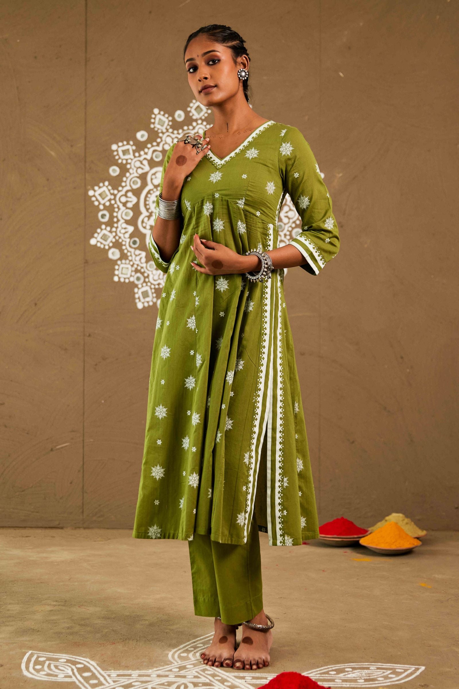 Tulsi Green Mul Cotton Side Slit Anarkali Set