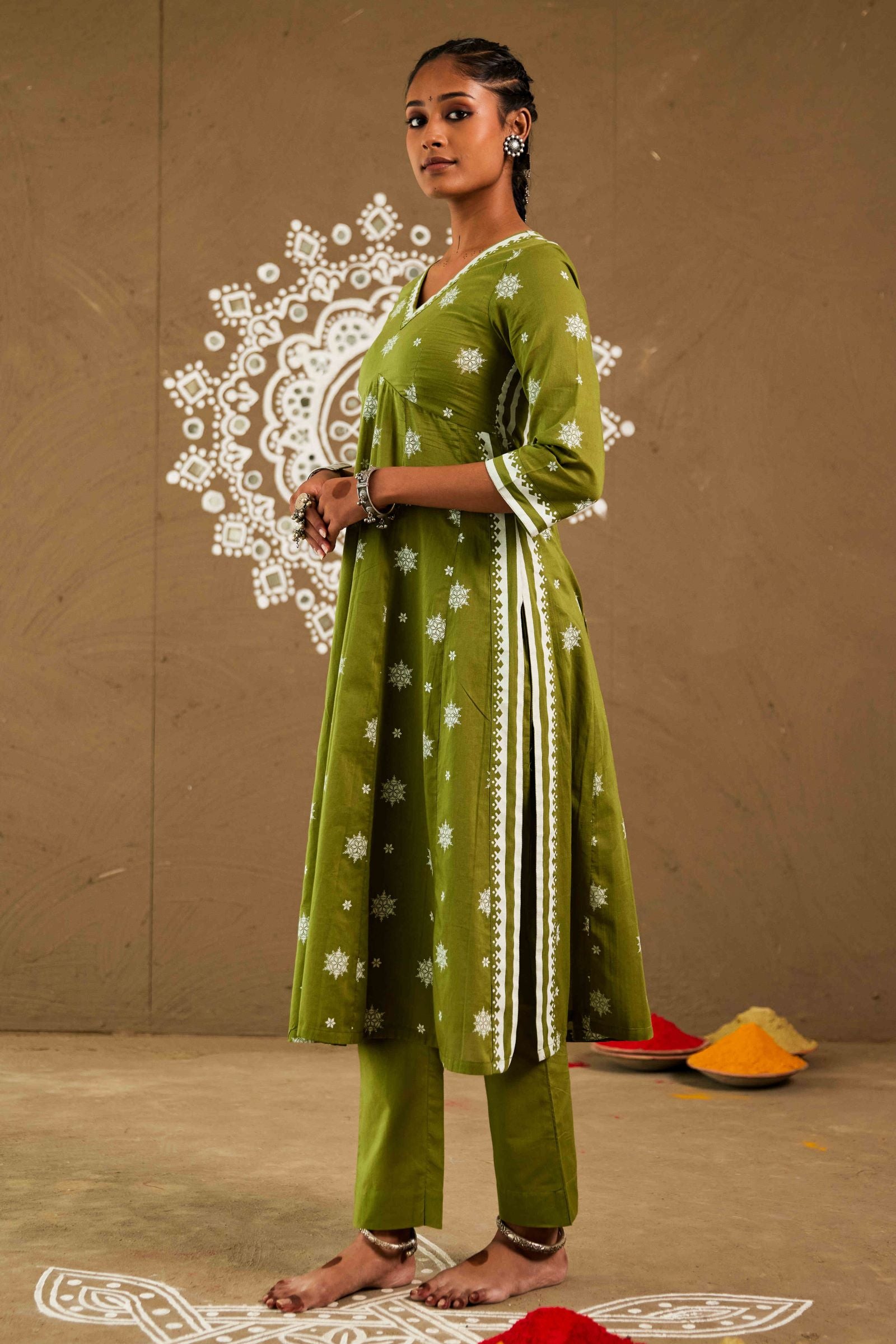 Tulsi Green Mul Cotton Side Slit Anarkali Only