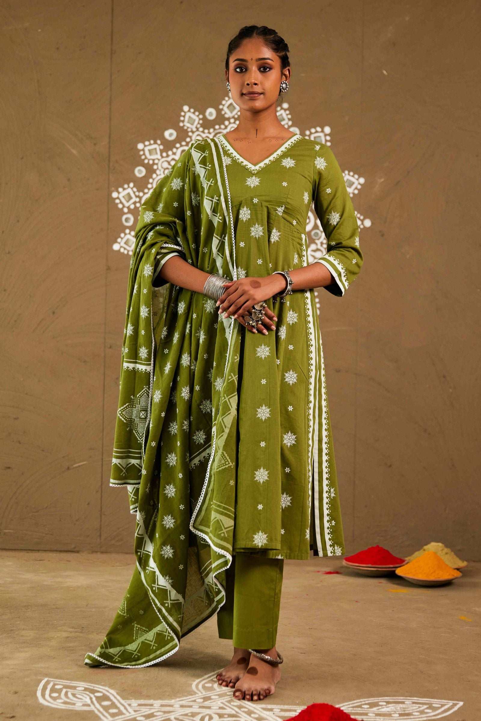 Tulsi Green Mul Cotton Side Slit Anarkali Set