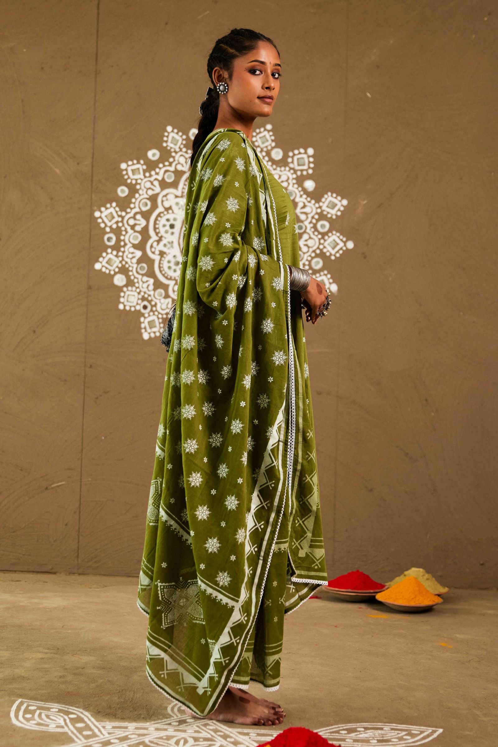 Tulsi Green Mul Cotton Side Slit Anarkali Set