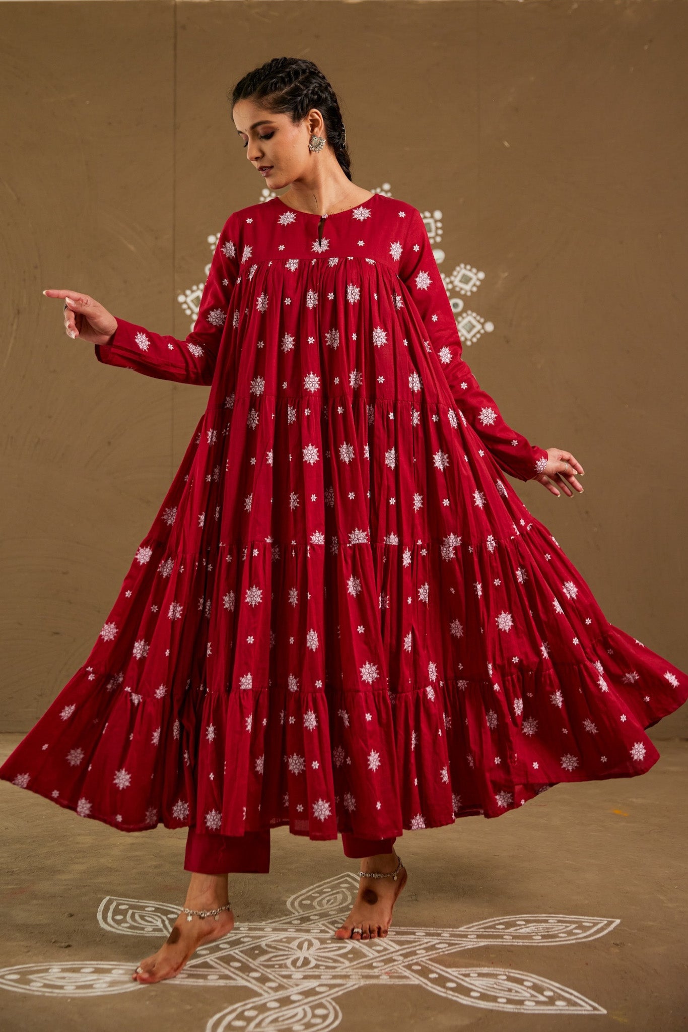 Kumkum Red Mul Cotton Tiered Anarkali Set