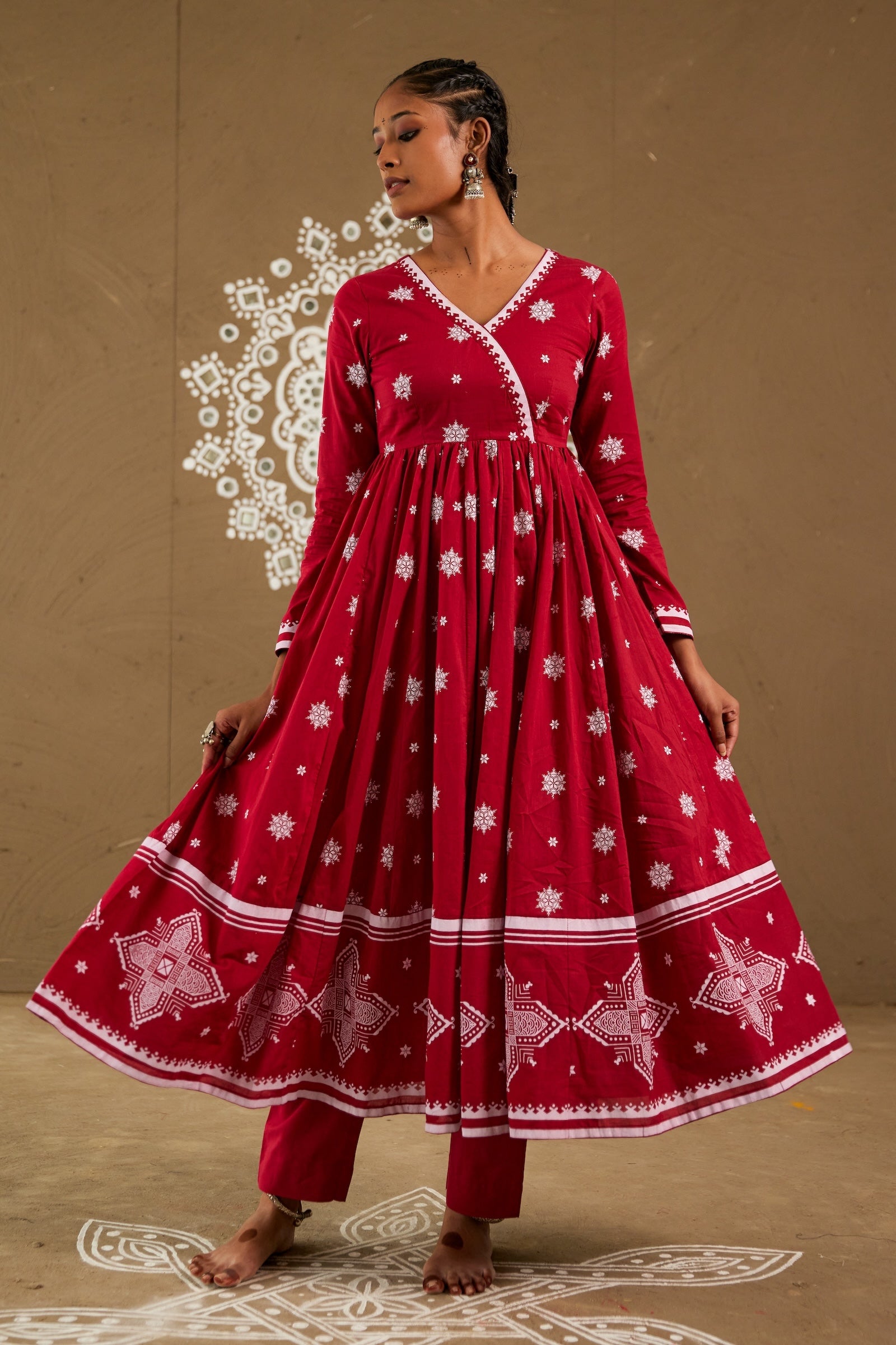 Roli Red Mul Cotton V Neck Anarkali Set