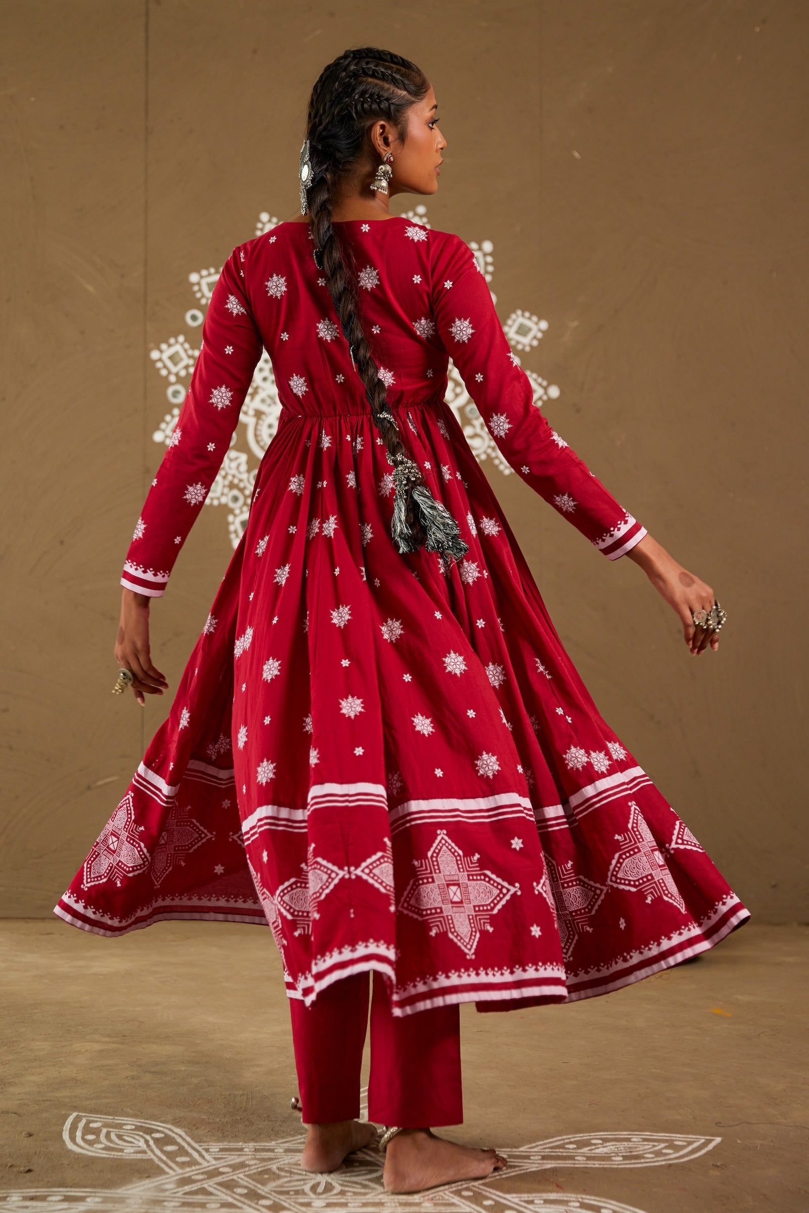 Roli Red Mul Cotton V Neck Anarkali Set