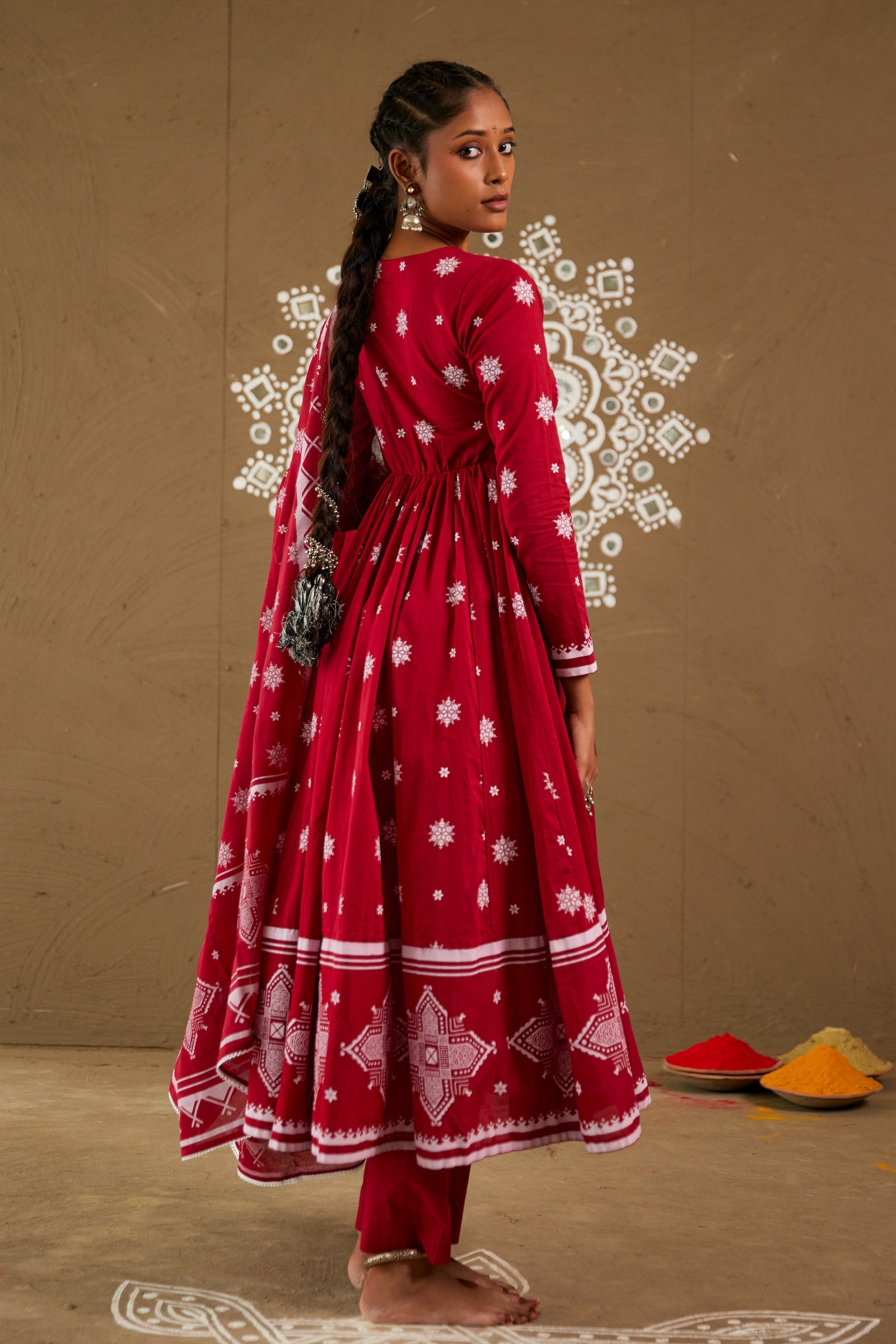 Roli Red Mul Cotton V Neck Anarkali Set