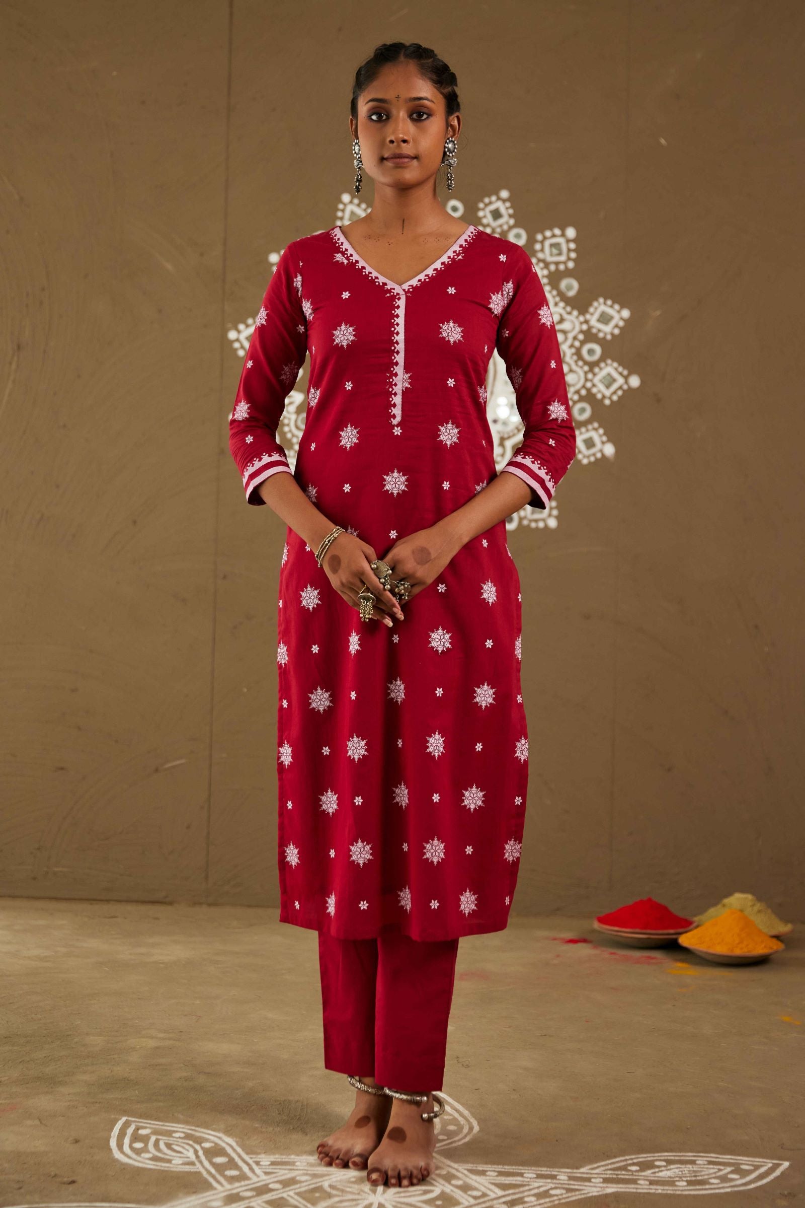 Kanku Red Mul Cotton V Neck Straight Kurta Only