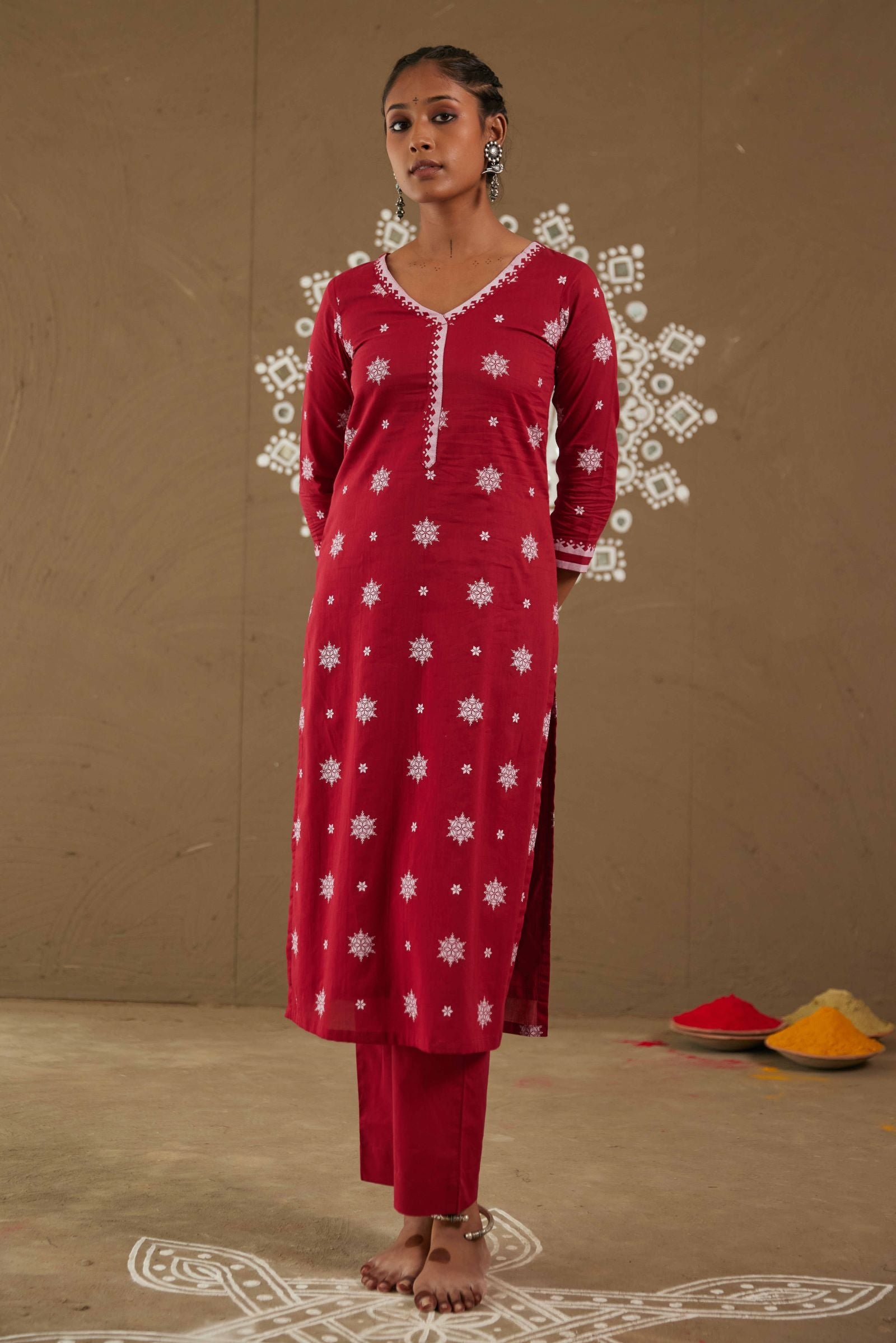 Kanku Red Mul Cotton V Neck Straight Kurta Only