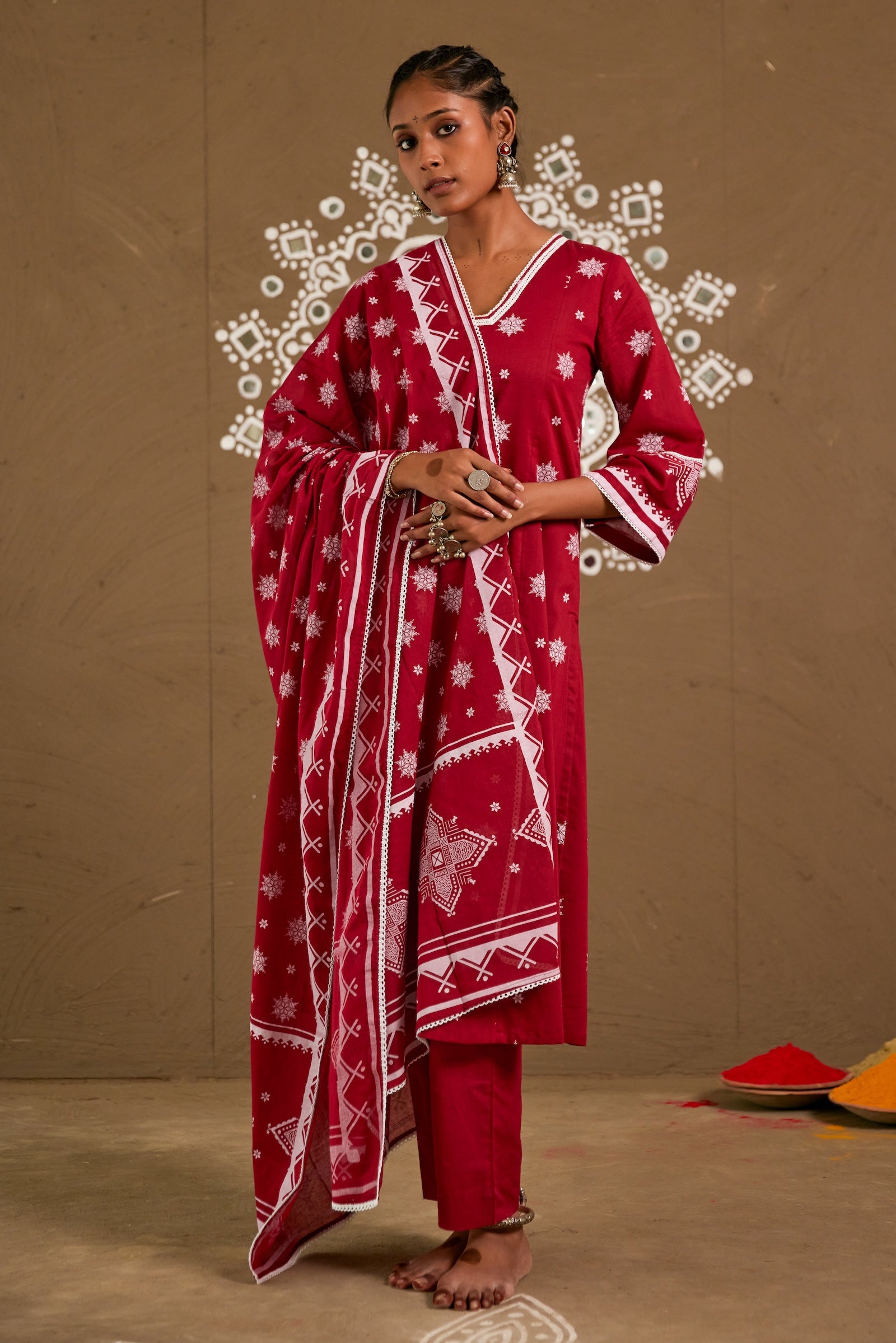 Laali Red Cotton Loose Fitted A-Line Set