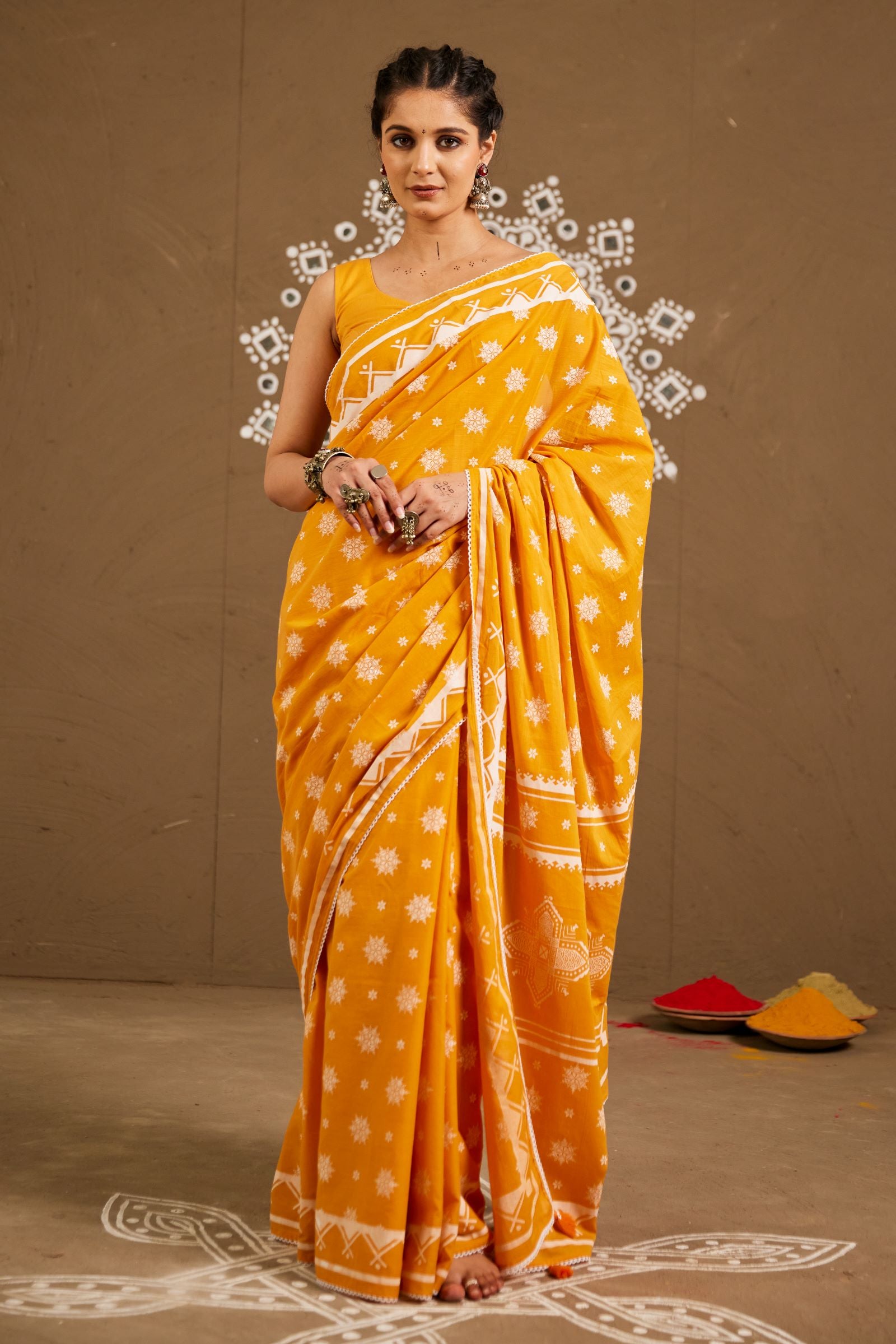 Diya Orange Cotton Printed Saree (RTS)