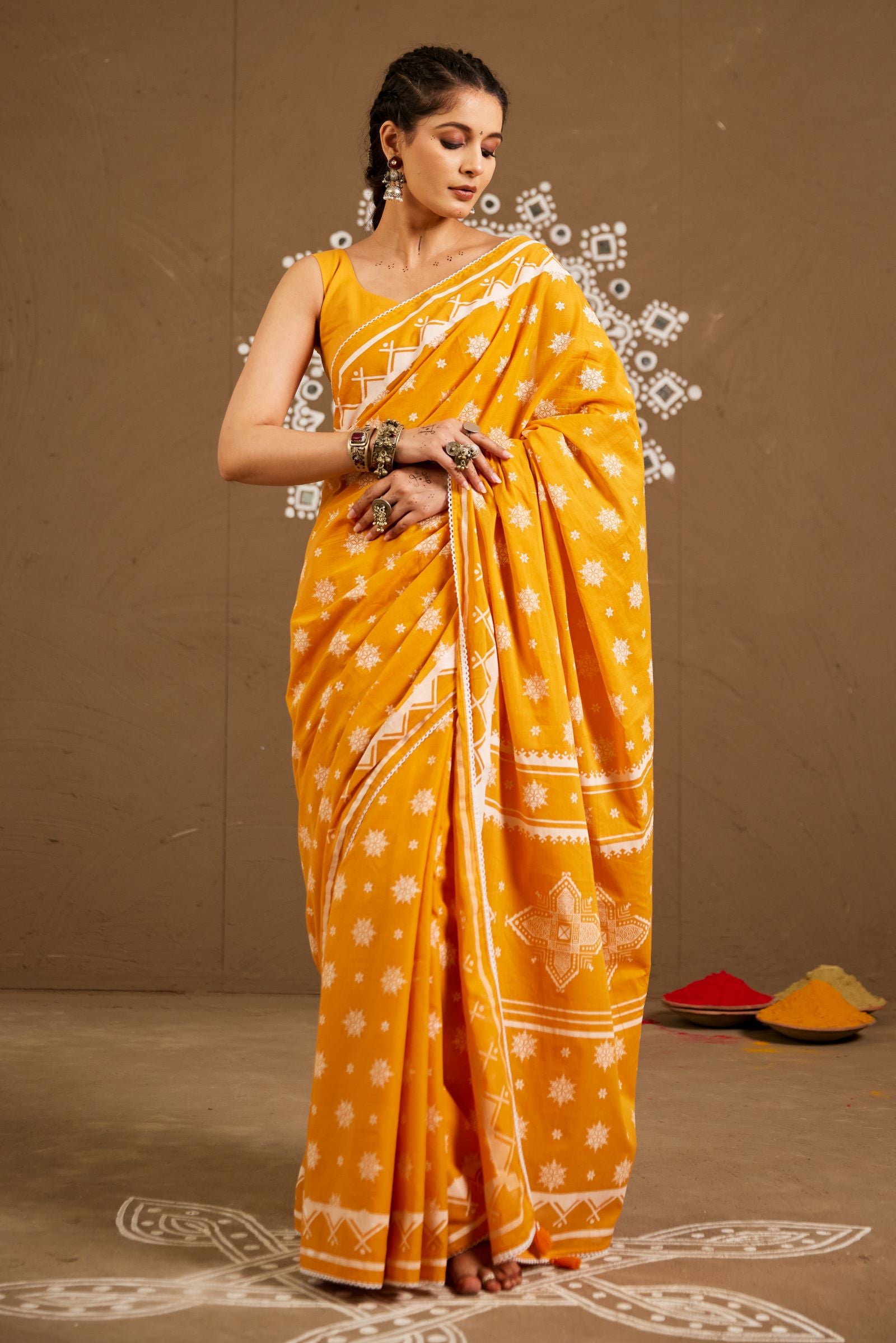 Diya Orange Cotton Printed Saree