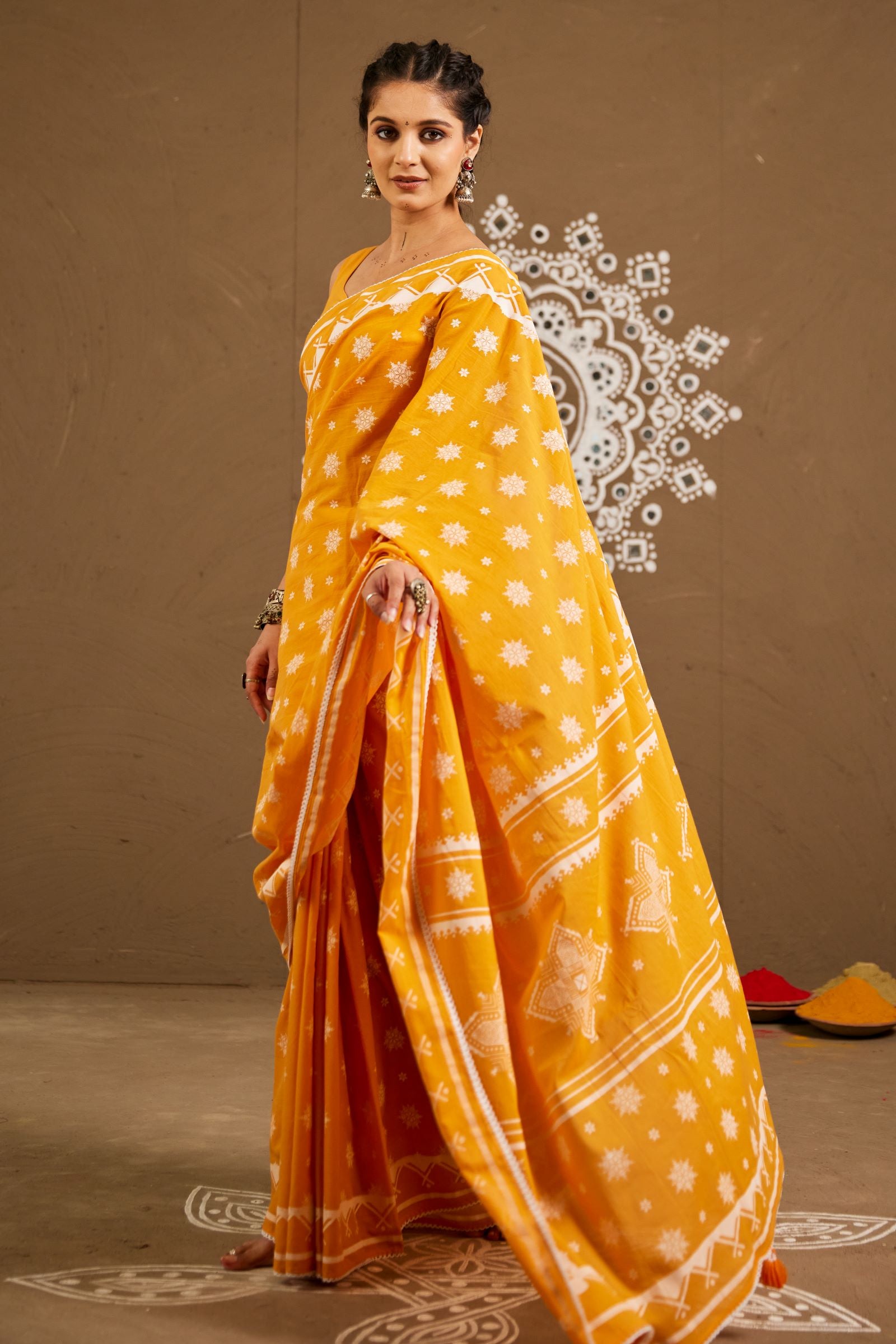 Diya Orange Cotton Printed Saree