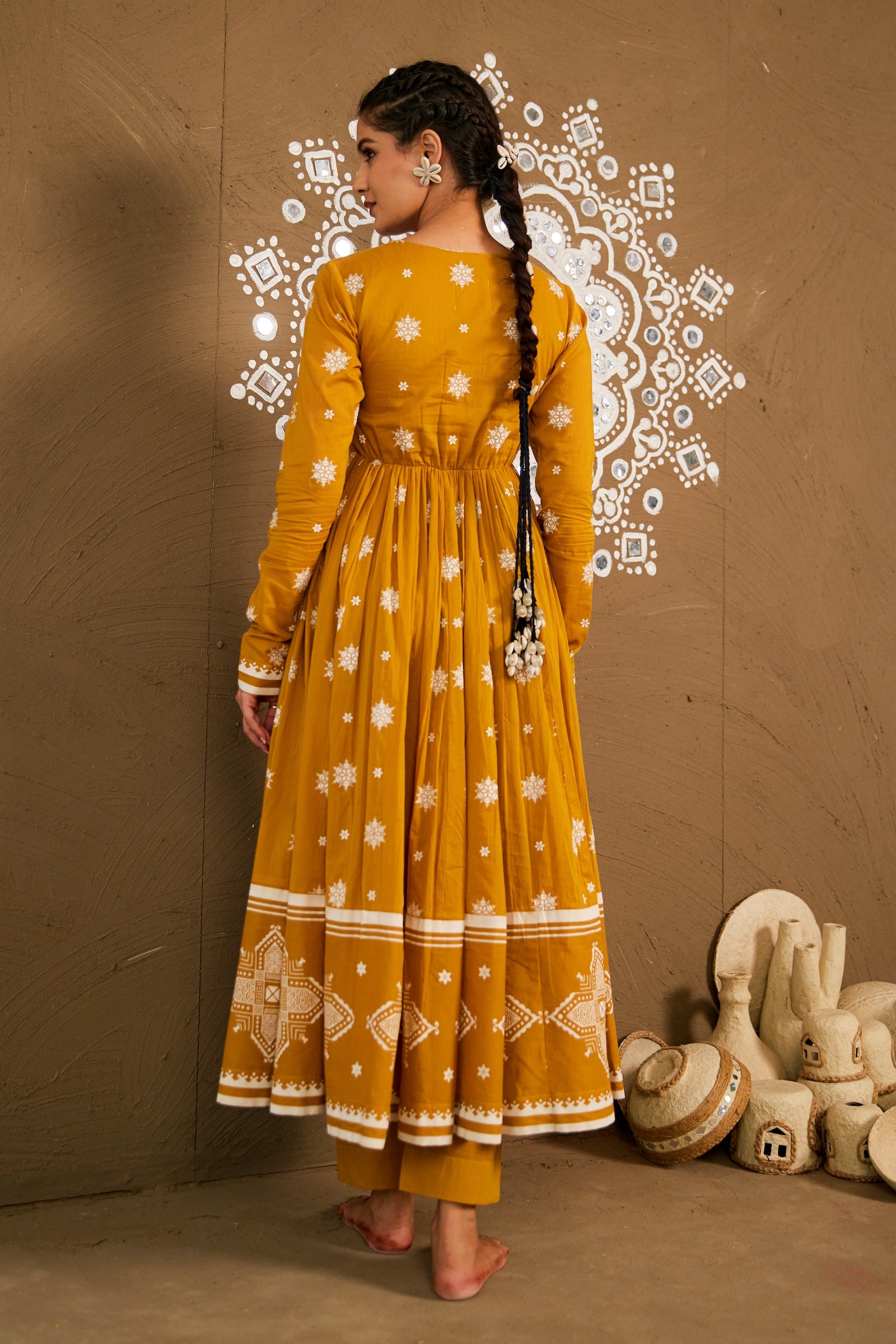 Amba Ochre Mul Cotton Round Neck Anarkali Set