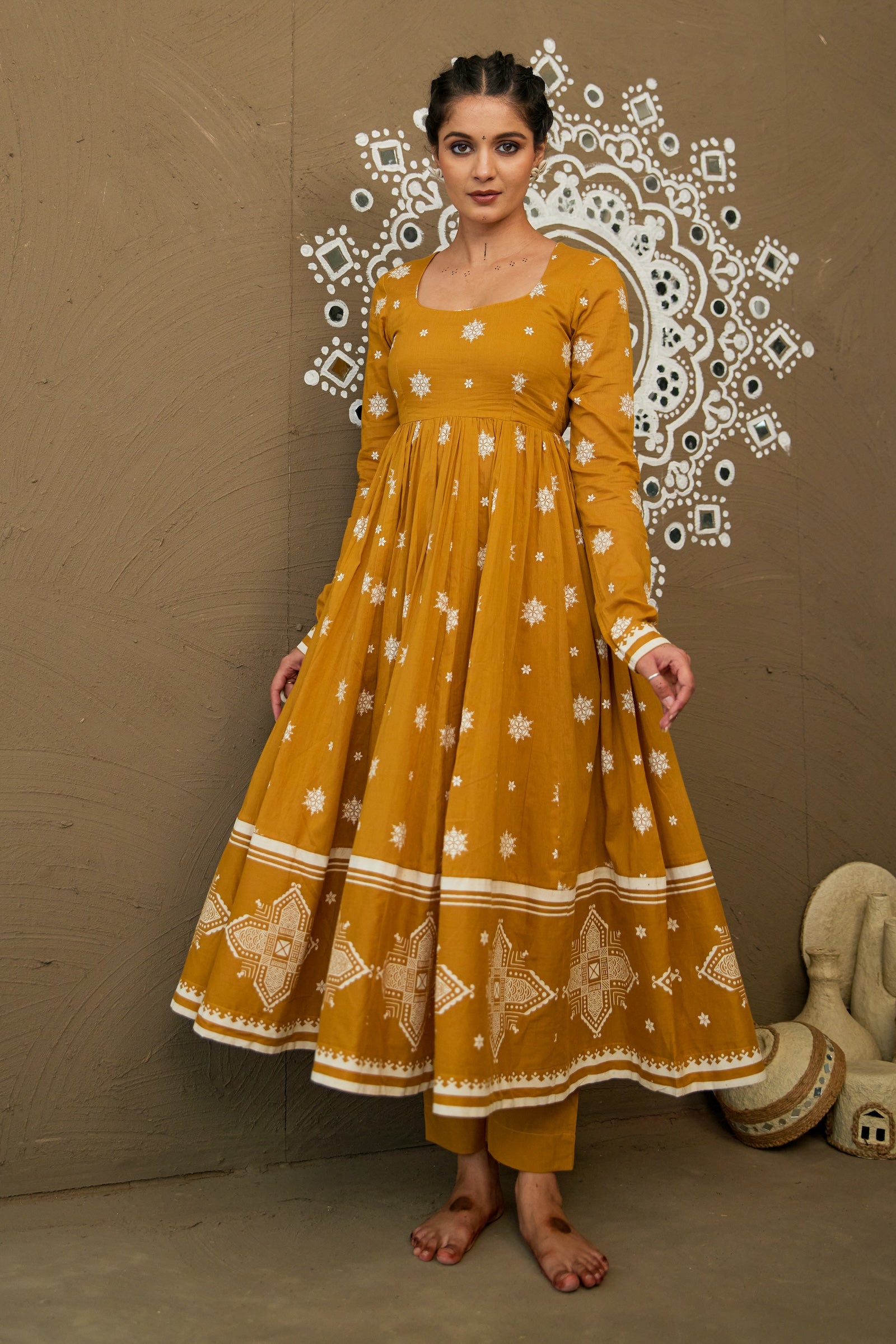 Amba Ochre Mul Cotton Round Neck Anarkali Set