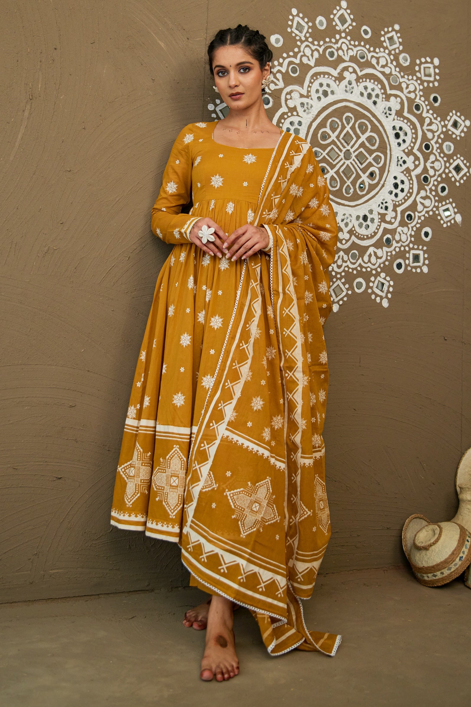 Amba Ochre Mul Cotton Round Neck Anarkali Set