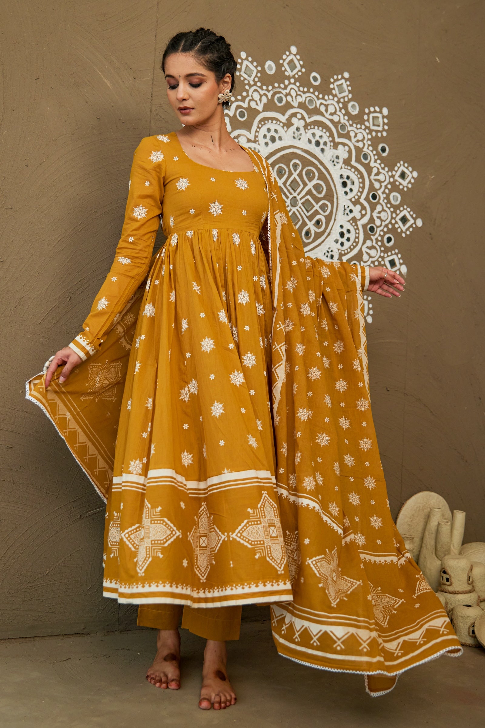 Amba Ochre Mul Cotton Round Neck Anarkali Set