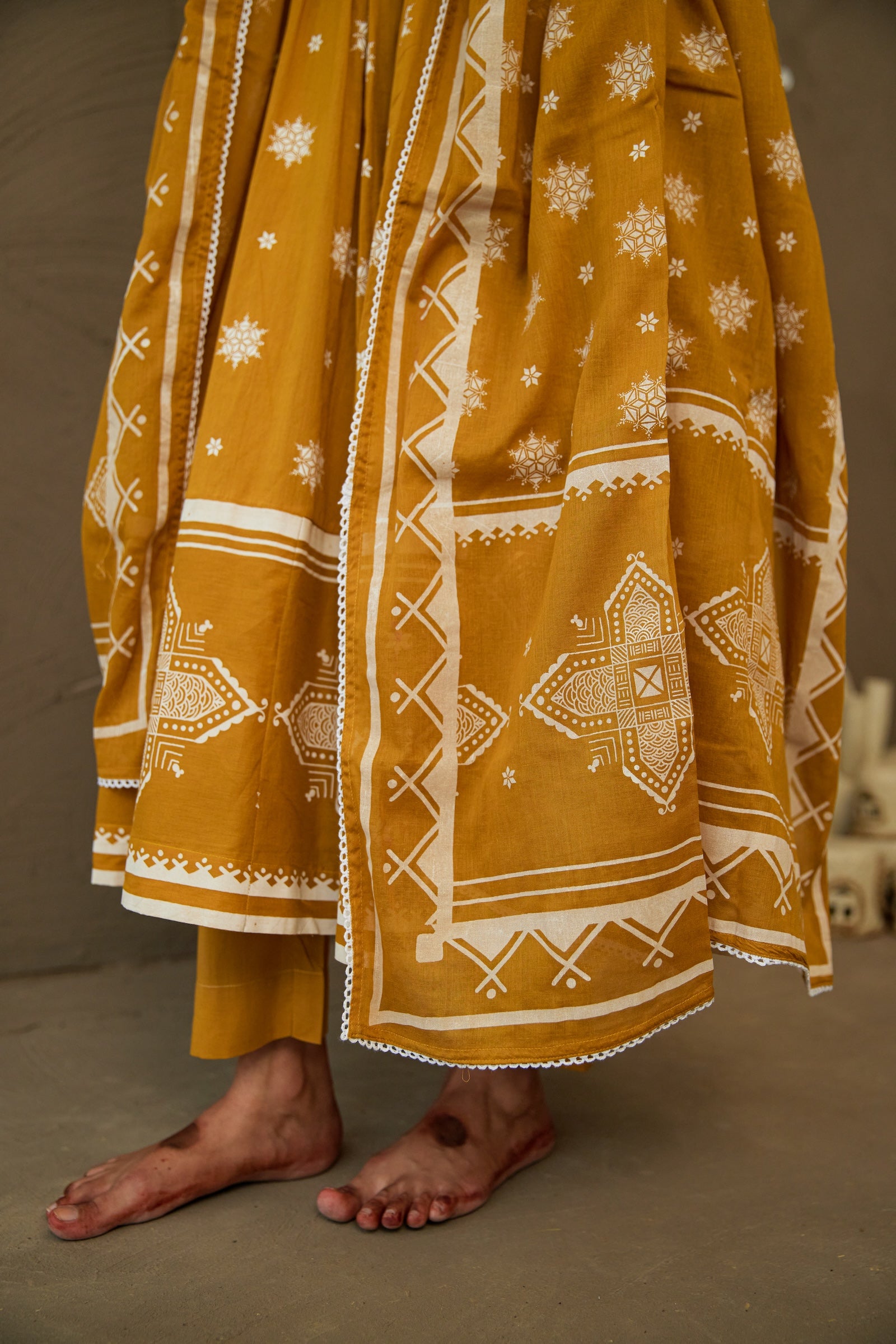 Amba Ochre Mul Cotton Round Neck Anarkali Set