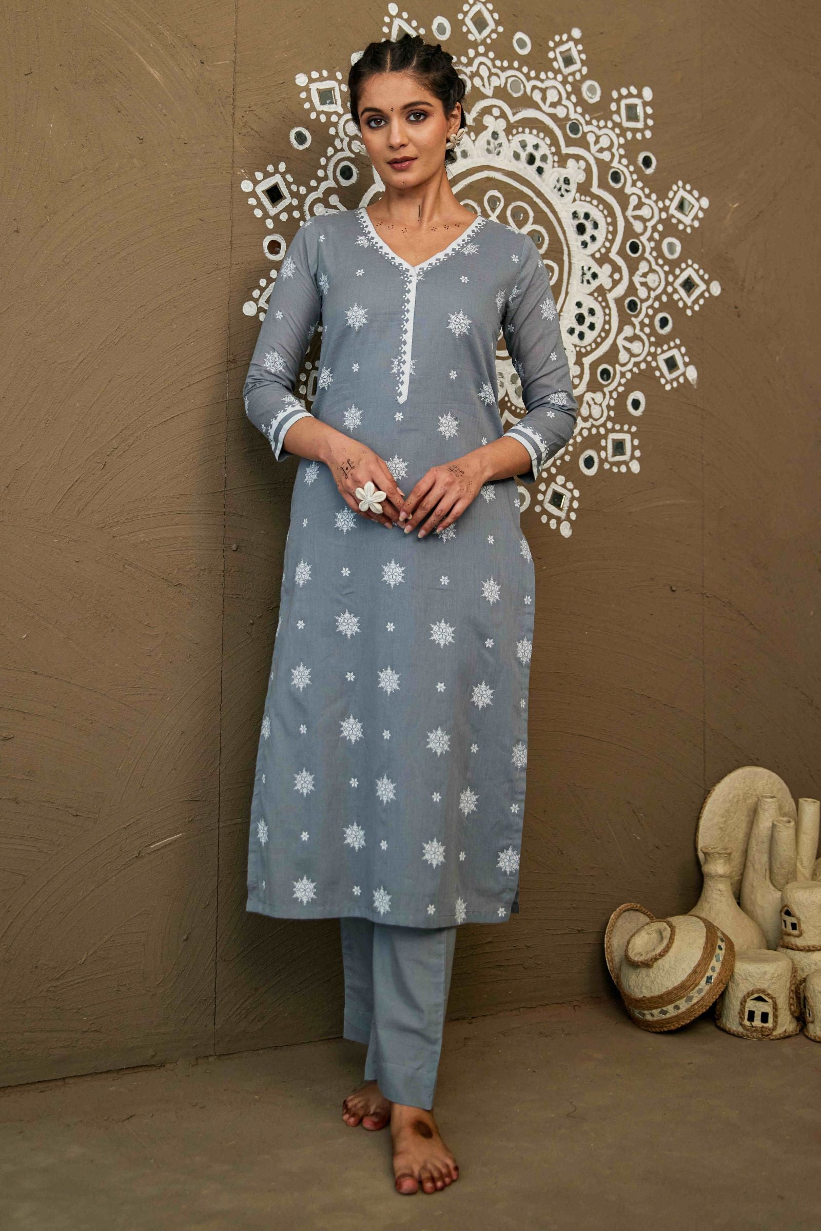 Ganga Grey Mul Cotton V Neck Straight Kurta Only