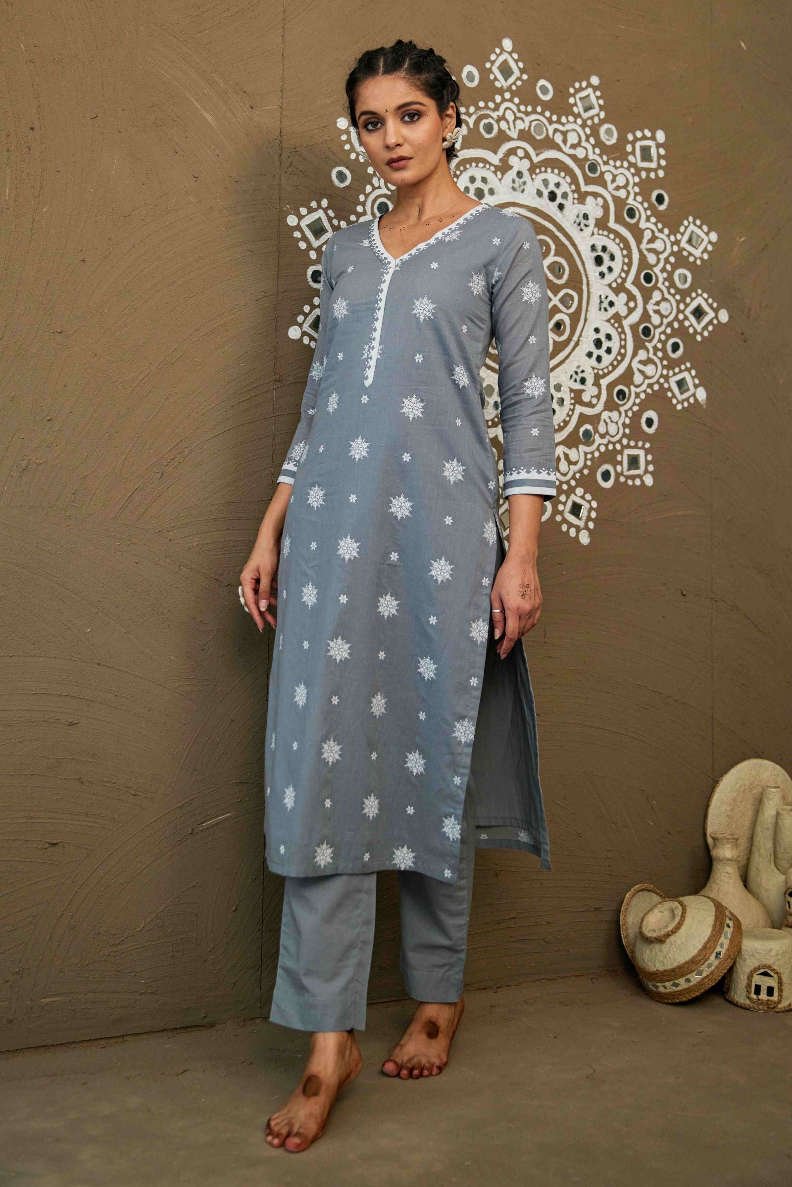 Ganga Grey Mul Cotton V Neck Straight Kurta Set