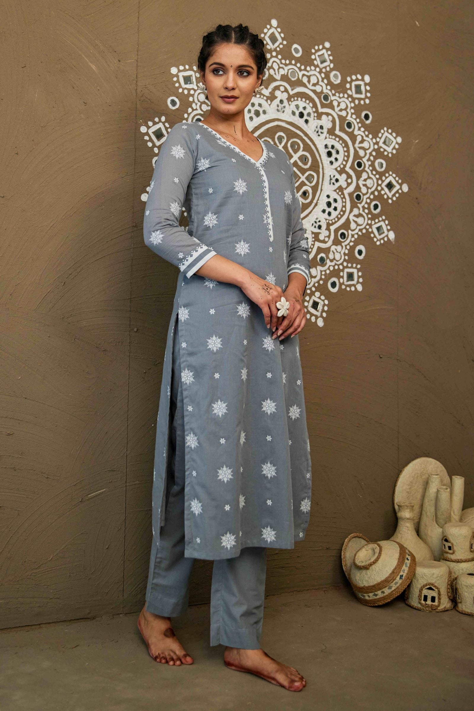 Ganga Grey Mul Cotton V Neck Straight Kurta Set