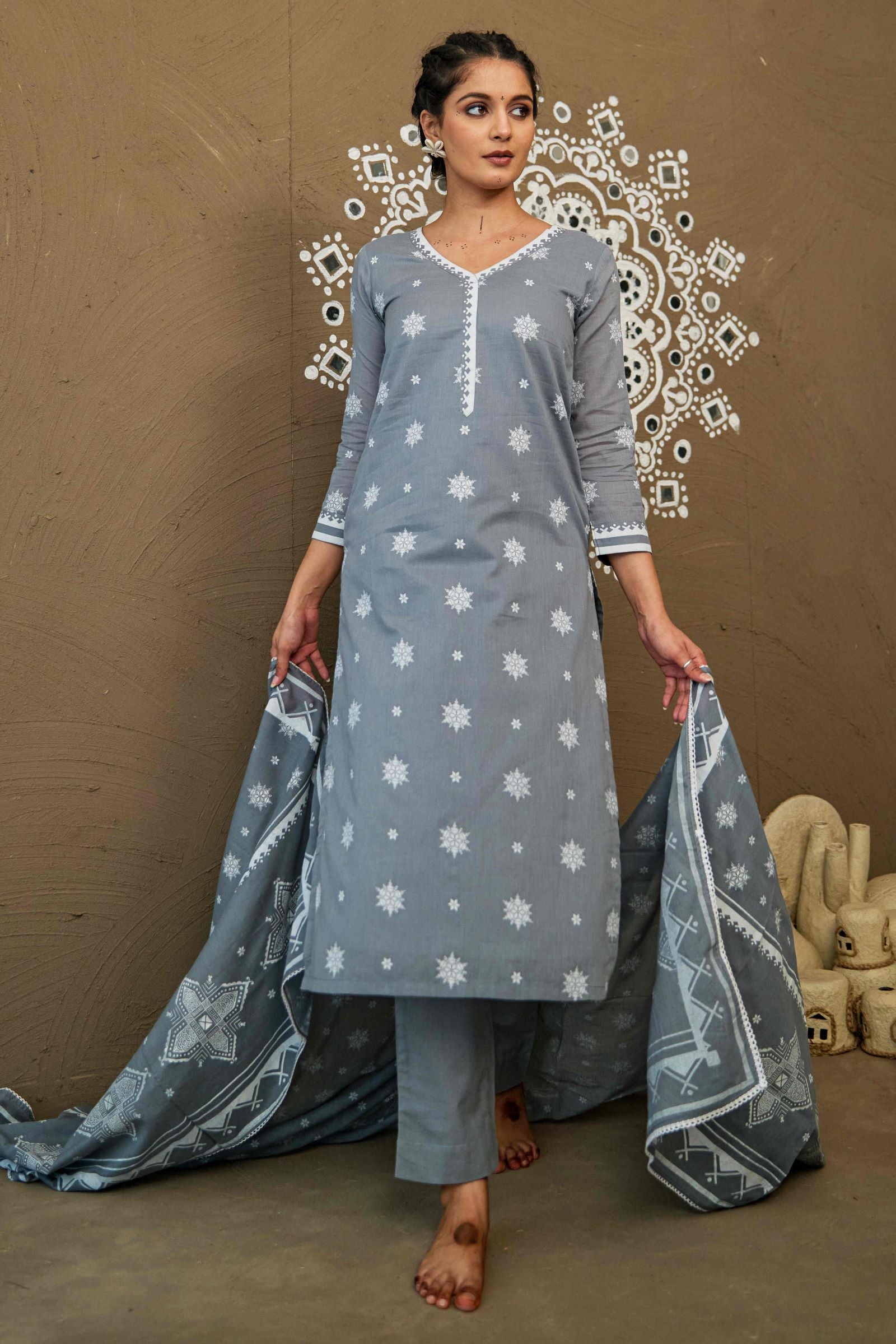 Ganga Grey Mul Cotton V Neck Straight Kurta Set