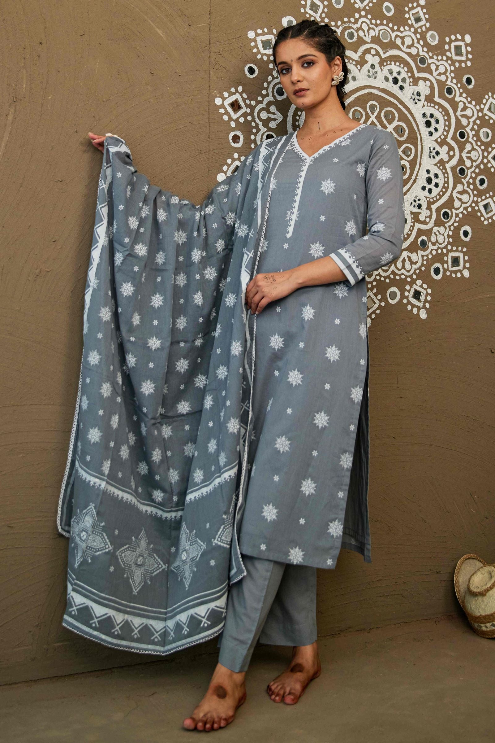 Ganga Grey Mul Cotton V Neck Straight Kurta Set