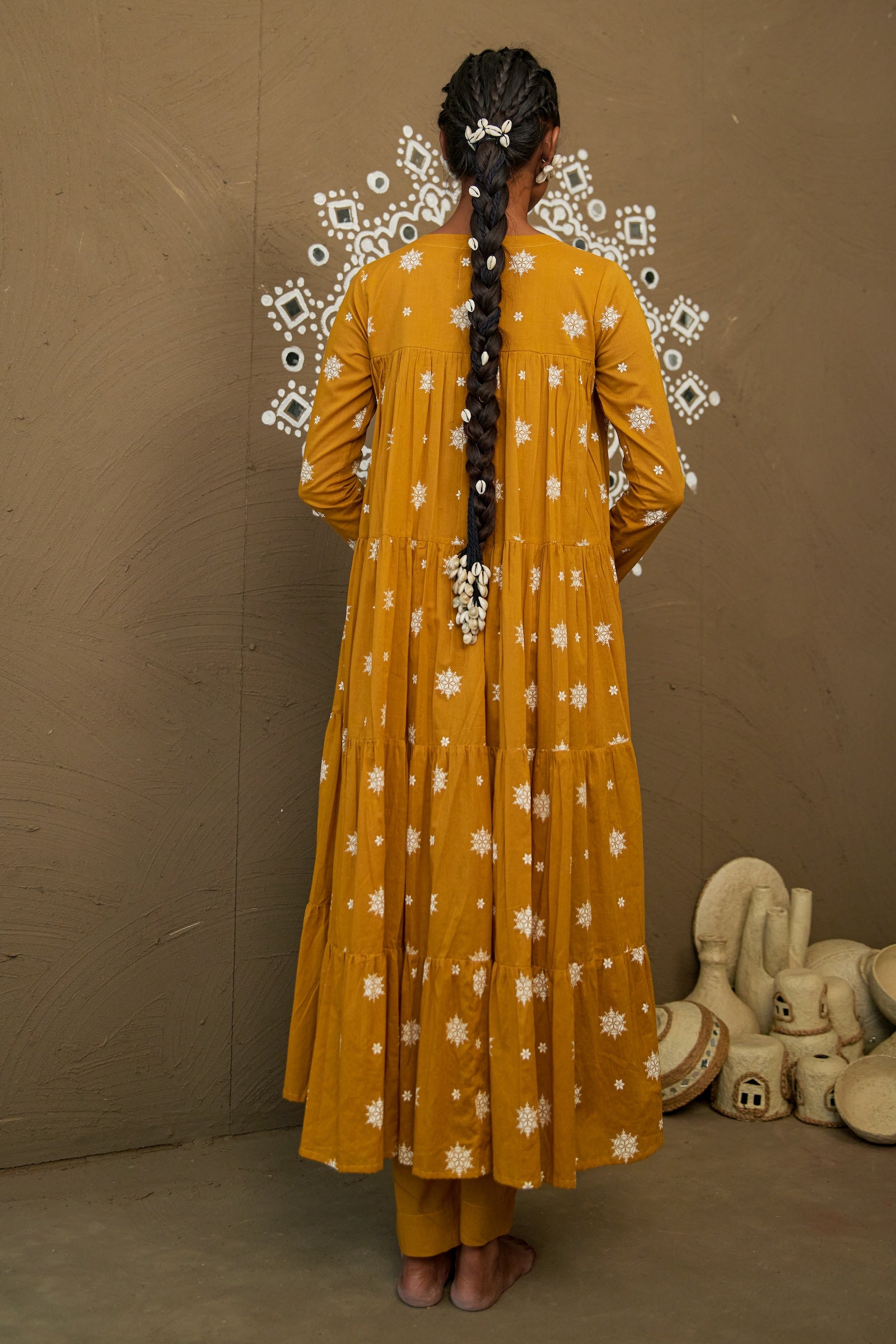 Chandan Ochre Mul Cotton Teired Anarkali Set