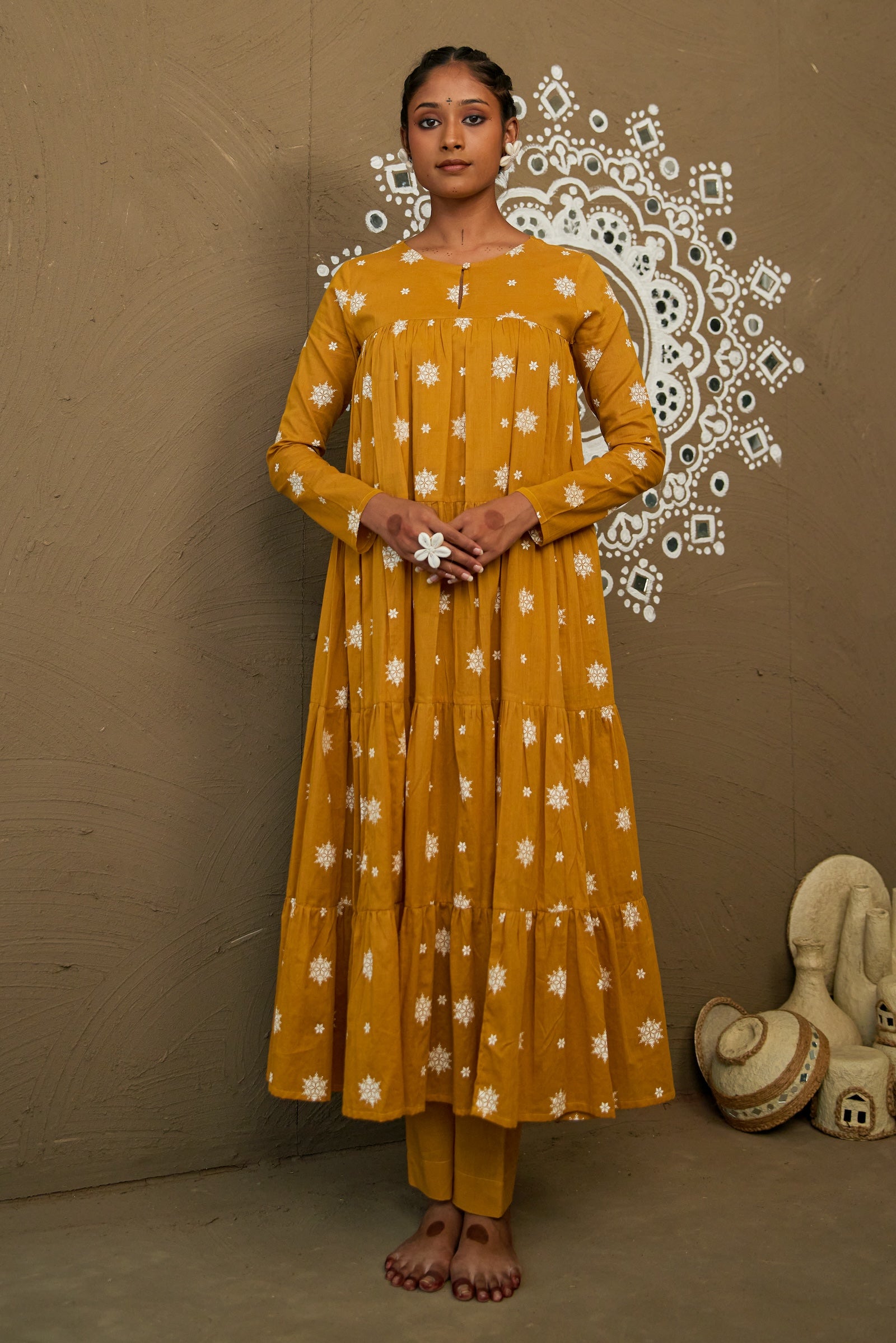 Chandan Ochre Mul Cotton Teired Anarkali Set