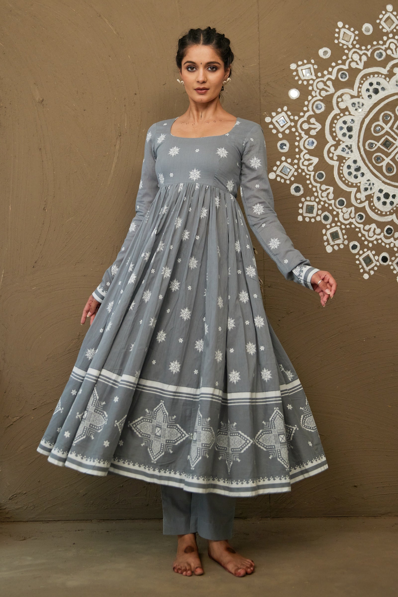 Akshi Grey Mul Cotton Round Neck Anarkali Set