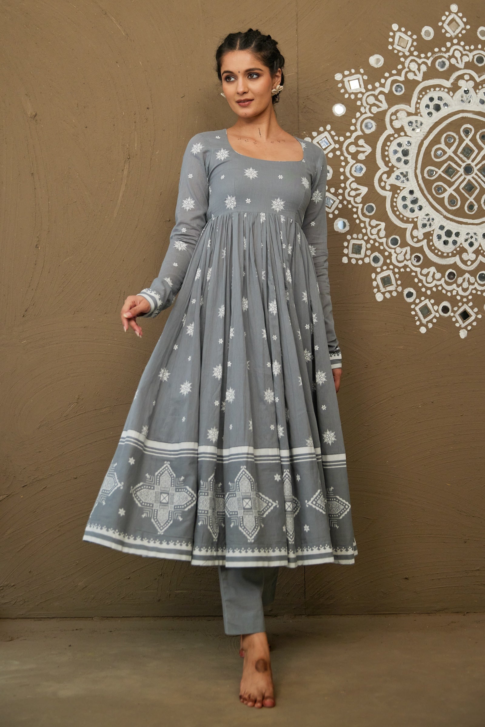 Akshi Grey Mul Cotton Round Neck Anarkali Set