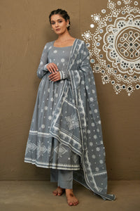 Akshi Grey Mul Cotton Round Neck Anarkali Set