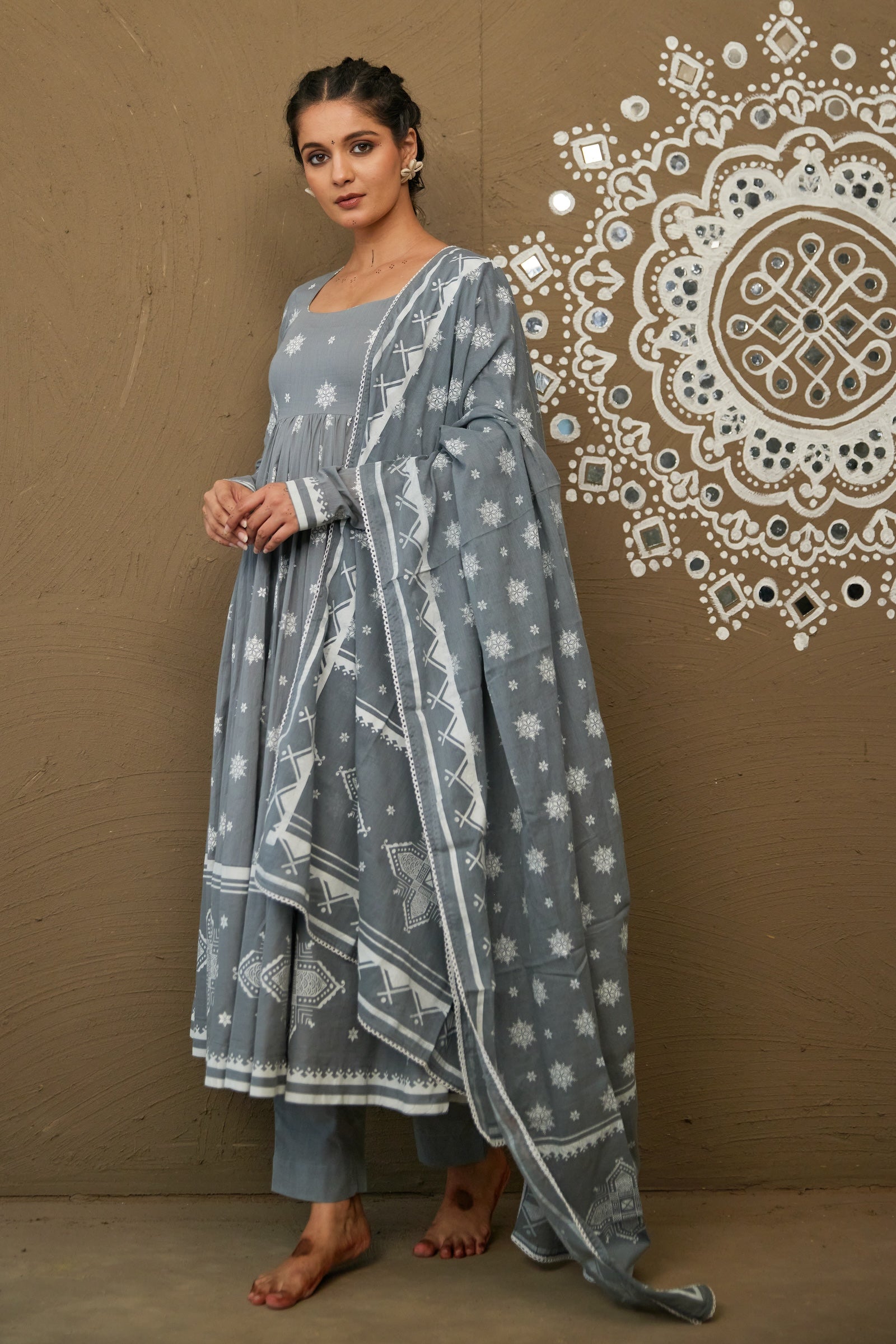 Akshi Grey Mul Cotton Round Neck Anarkali Set