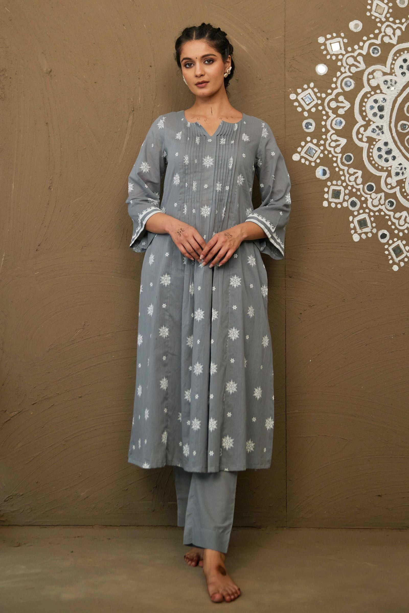 Moli Grey Mul Cotton Pin Tucks Kurta Only